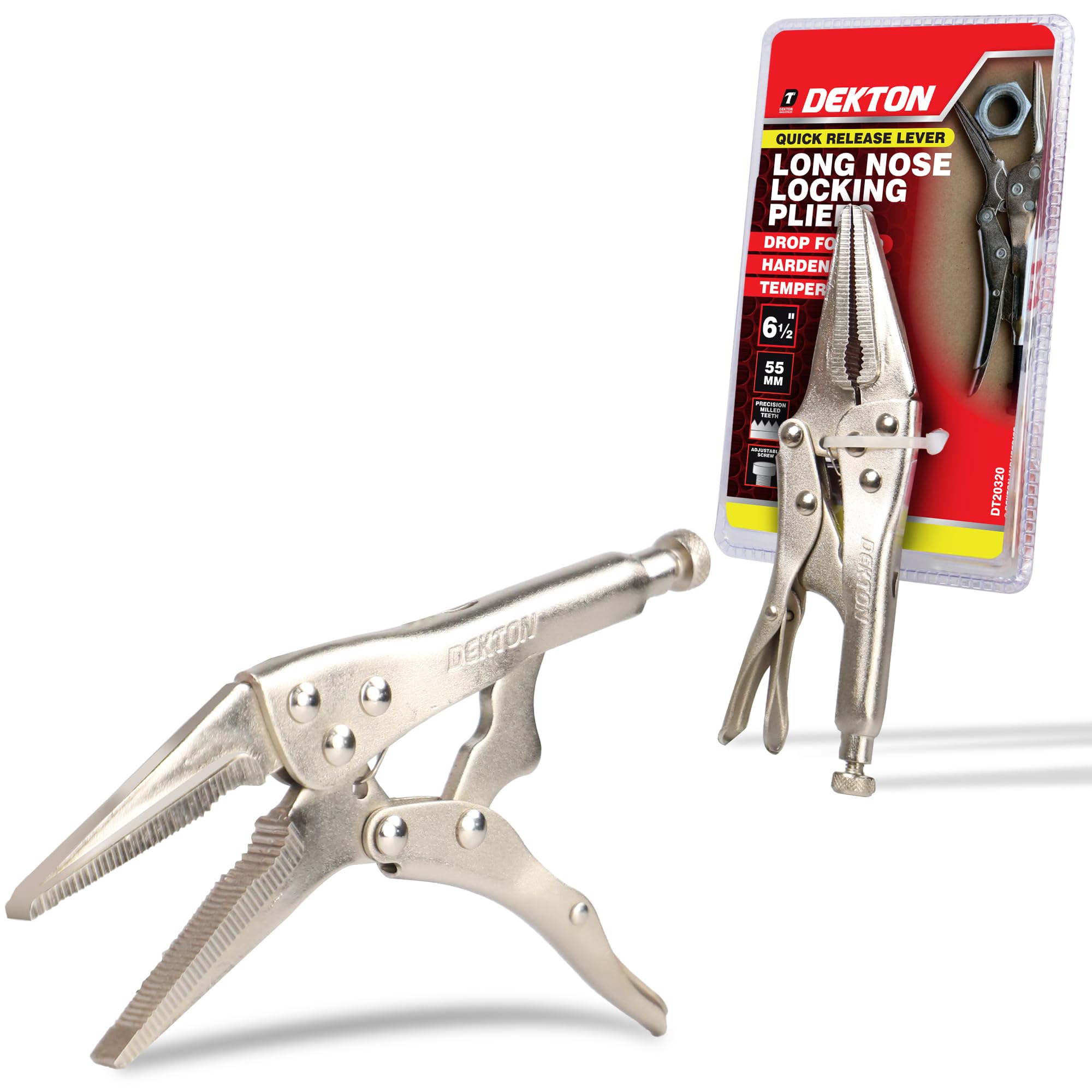 Dekton Silver Long Nose Locking Grip Plier-155Mm Quick Release Lever With Adjustable Screw|Hardened,Tempered Steel|Precision Milled Teeth|Ideal For Tightening, Gripping, Bending|Ergonomic Handle For Control