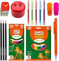 Kit Material Escolar Infantil Canetinha Lápis de Cor Apagável Marca Texto Apontador Borracha - Leo e Leo (Vermelho)