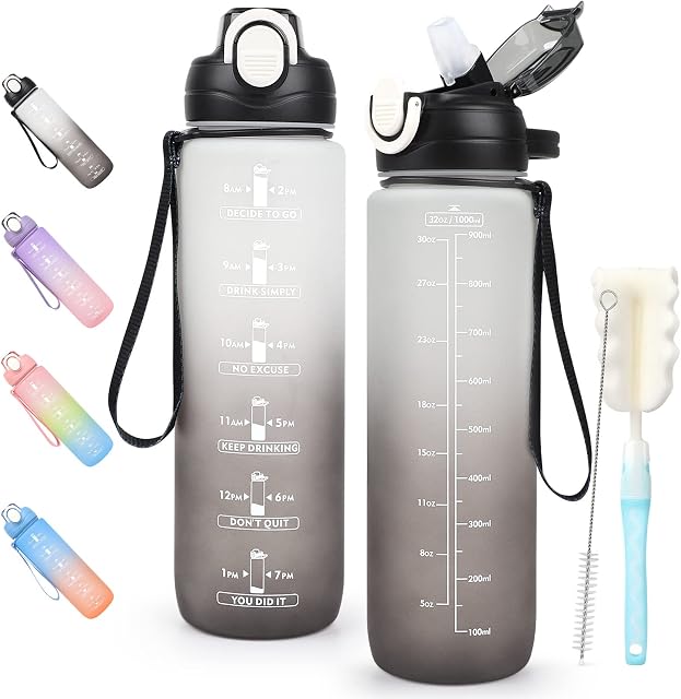 Motivational Water Bottle with Straw, 1L Sports Water Bottle Leakproof, Drinks Bottle with Time Markings, BPA Free for Running, Cycling, Gym, Hiking, School & Office, Grey 1000ml