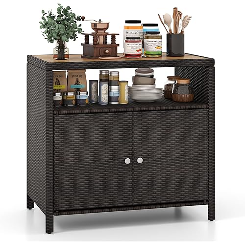 RELAX4LIFE Wicker Outdoor Bar Cabinet - PE Rattan Patio Bar Table w/Acacia Wood Countertop, Open Shelf & 2 Doors, Buffet Sideboard Organizer for Garden Backyard Pool, Outside Storage Cabinet (Brown)