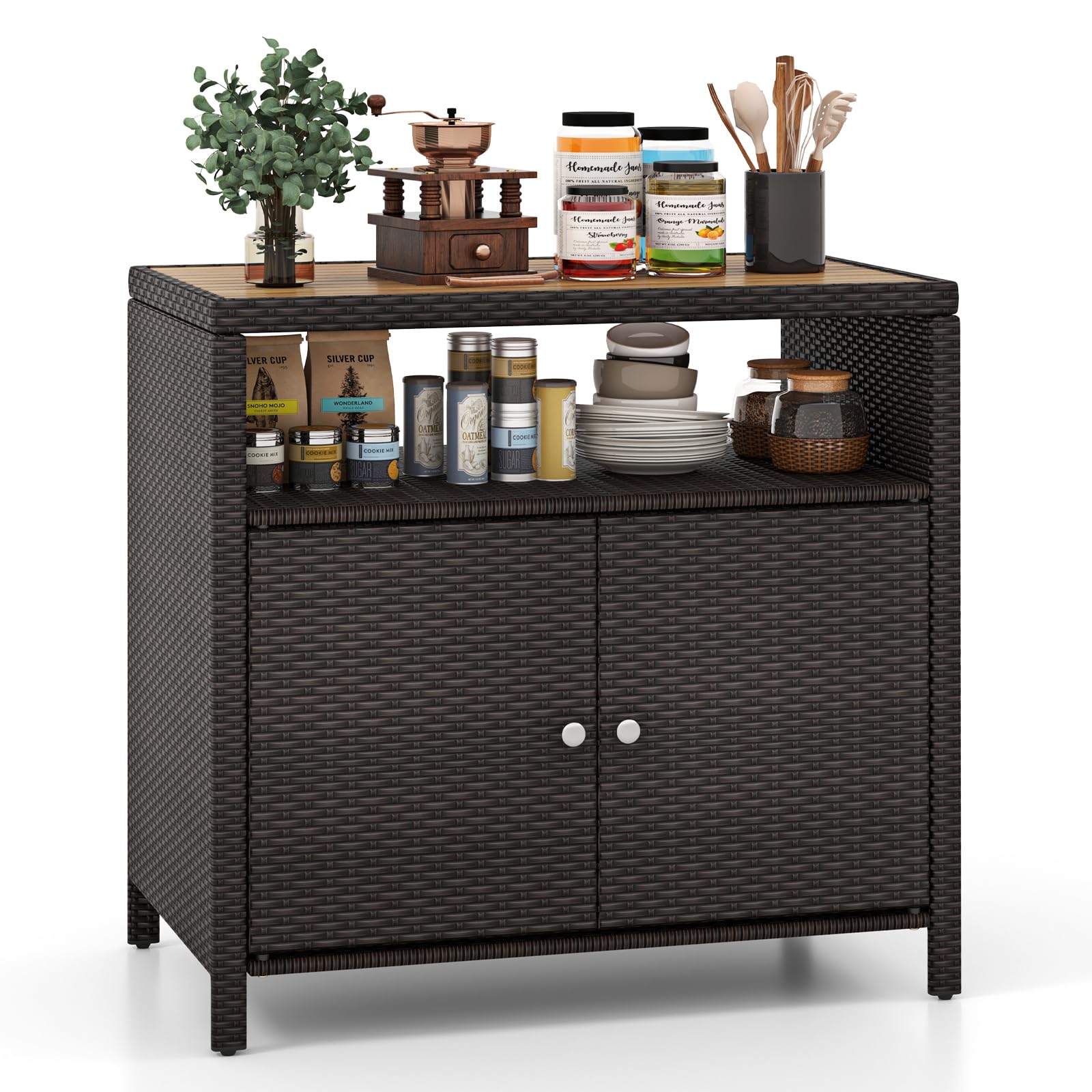 GIANTEX Armario de Jardín de Ratán, Armario Bajo de Almacenamiento con Tablero de Madera de Acacia, Armario Auxiliar para Jardín, Terraza, Balcón, 90 x 53 x 86 cm (Marrón)