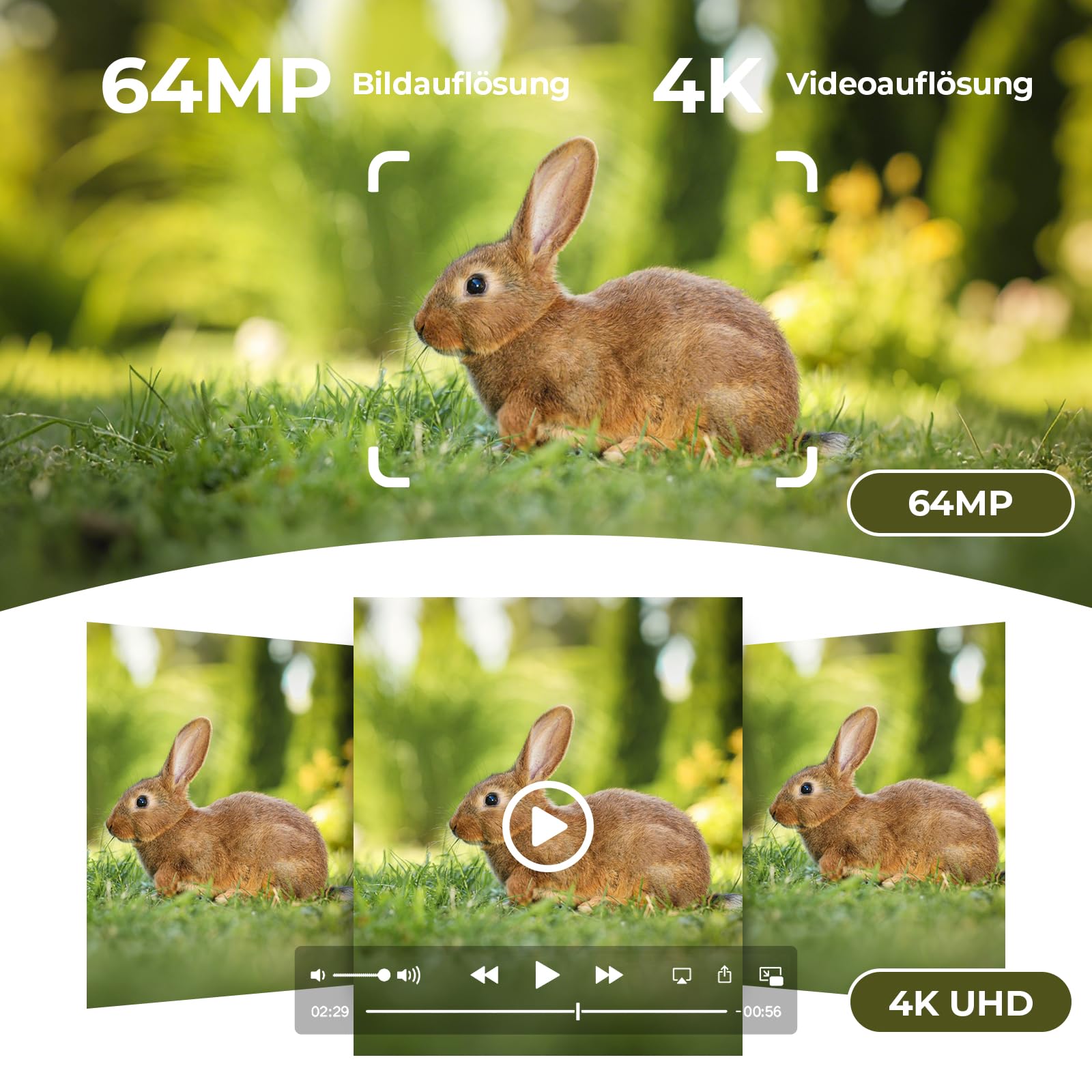 WOLFANG Wildkamera, 64 MP WLAN mit Handyübertragung-App, 4K Doppellinse Video Wildtierkamera mit Bewegungsmelder, Sternenlicht-Nachtsichtgerät, 64GB TF& 5000 mAh-Batterien 0,1 s Auslösezeit, IP66