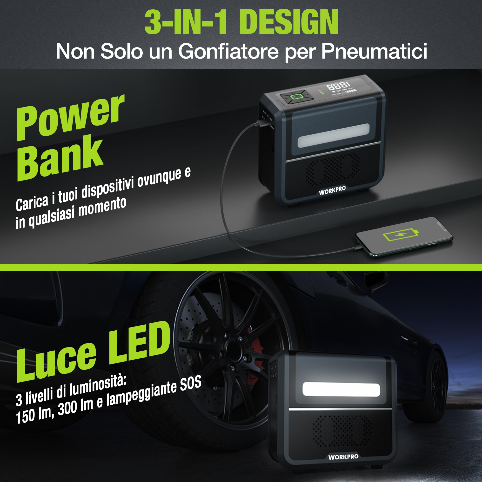 WORKPRO Compressore Aria Portatile 3-in-1 | con LED, Powerbank