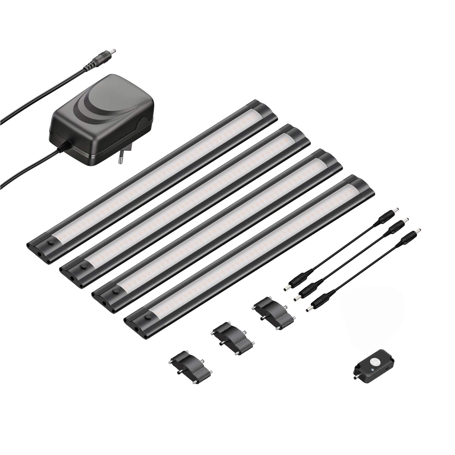 ledscom.de 4er Set LED Unterbau-Leuchte SIRIS schwarz matt mit Bewegungsmelder, flach, je 30cm, je 370lm, weiß