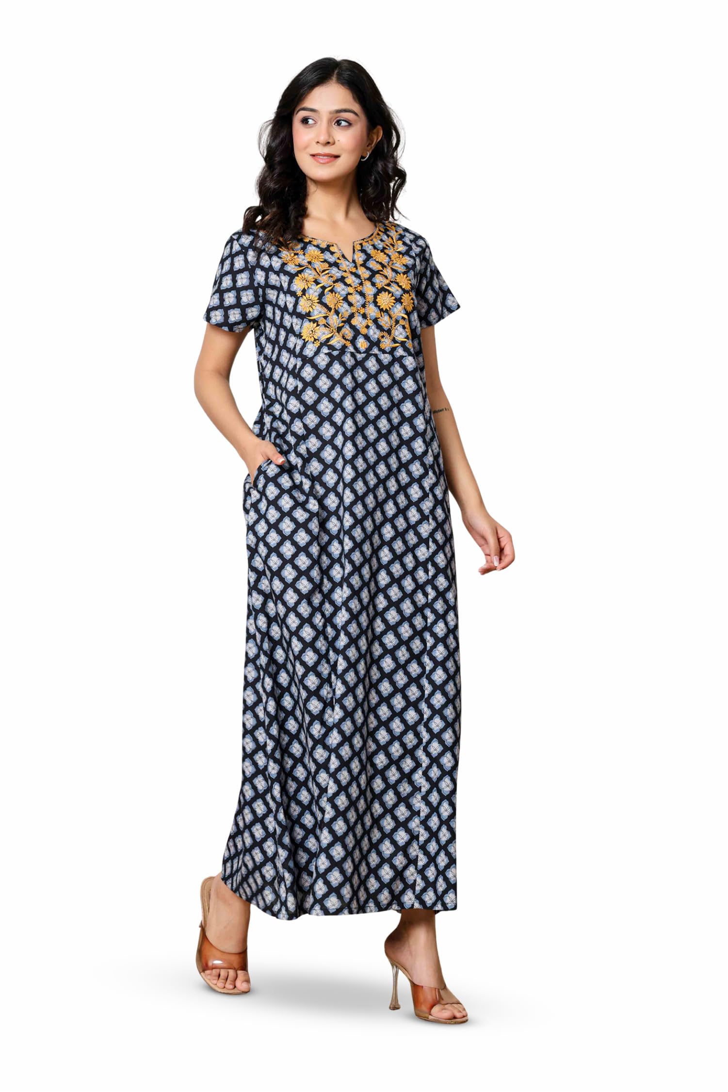 NIHSAMAH Cotton Nighty for Women — Printed Stylish Night Gown, Comfortable Sleepwear Long Nightwear, Maxi