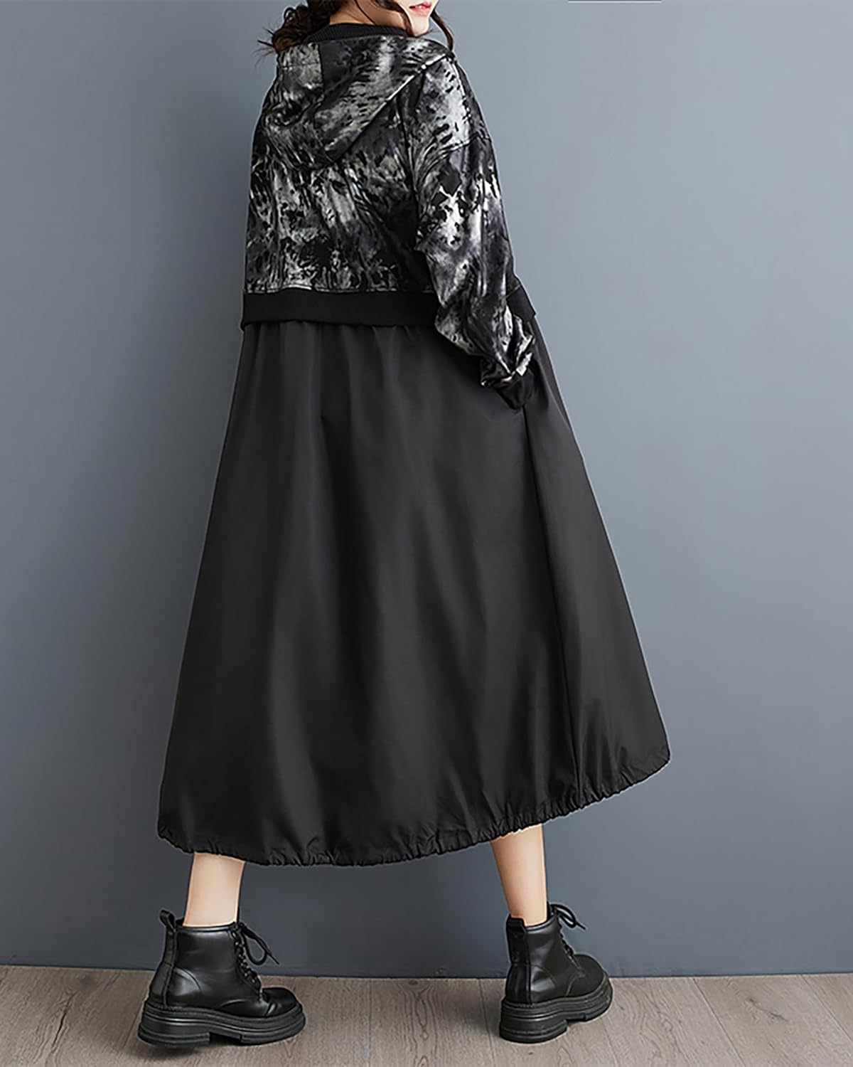 ellazhu Women's Coat Long Sleeve Drawstring Black Color Pattern Hooded Zipper Two Side Pockets Loose GZ296 A