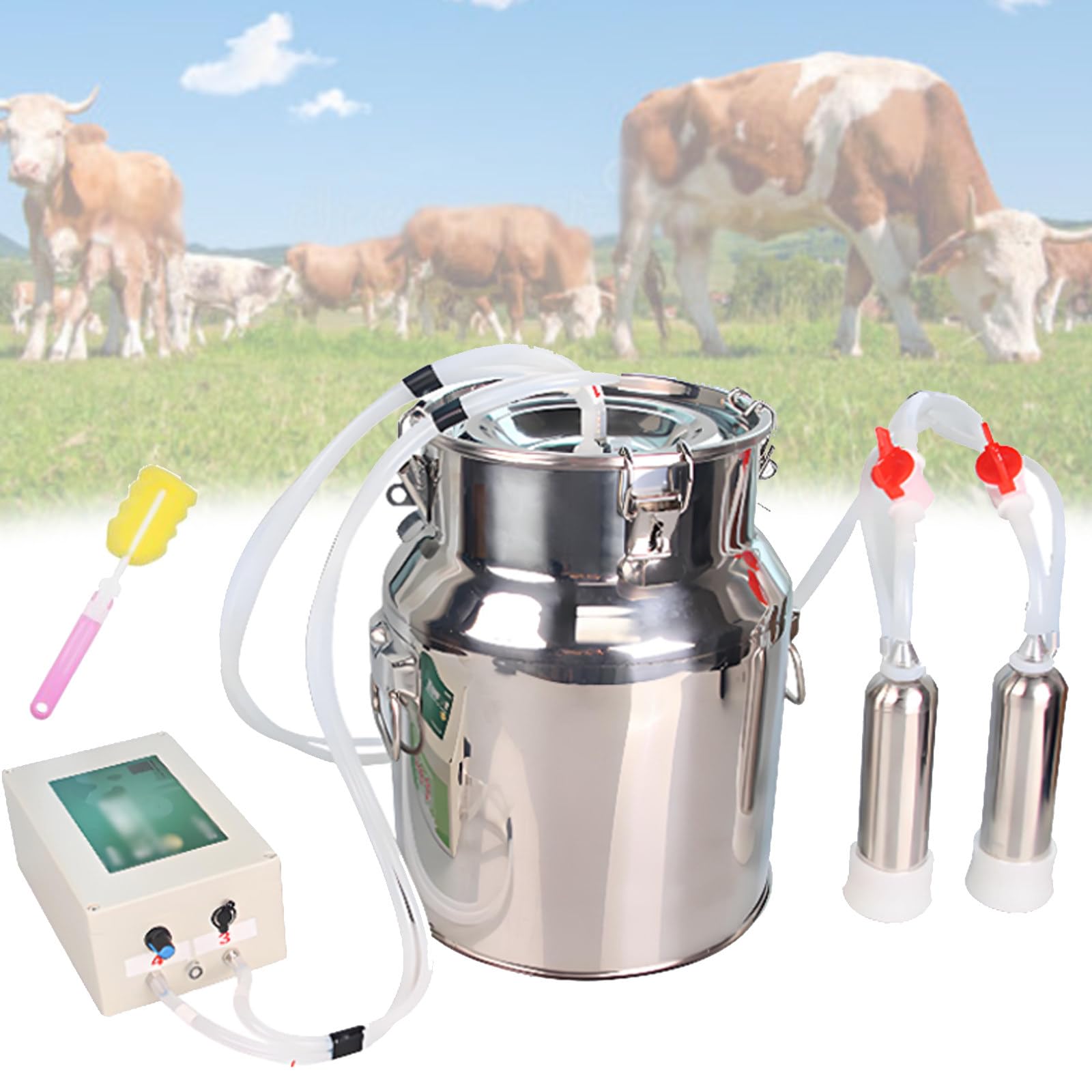 Mungitrice per Mucche e capre, mungitrice Domestica a Doppia Testa con Secchio in Acciaio Inox da 10L/14L, Funzione di Arresto Automatico, mungitrice elettrica a pulsazione Portatile Cow-10L