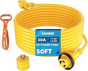 Kohree 30 Amp RV Power Extension Cord 50 ft with Grid Handle Heavy Duty, 30M/30F 90 Degree Locking Adapter, LED Indicator & 15M/30F Power Adapter(1875 W), 125V, 3750W, ETL Listed STW Wire