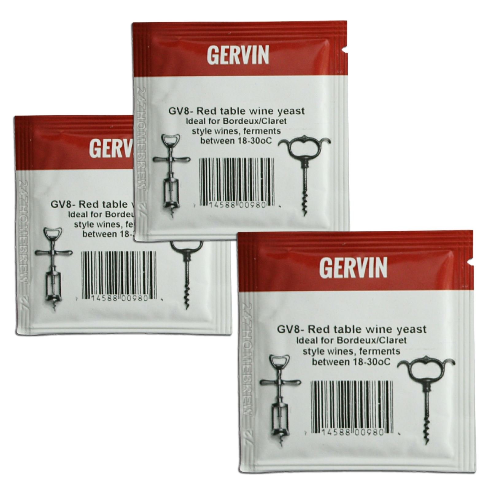 3X Gervin GV8 Wine Yeast 5g Red Table Wine Like Bordeaux or Claret 5-23L