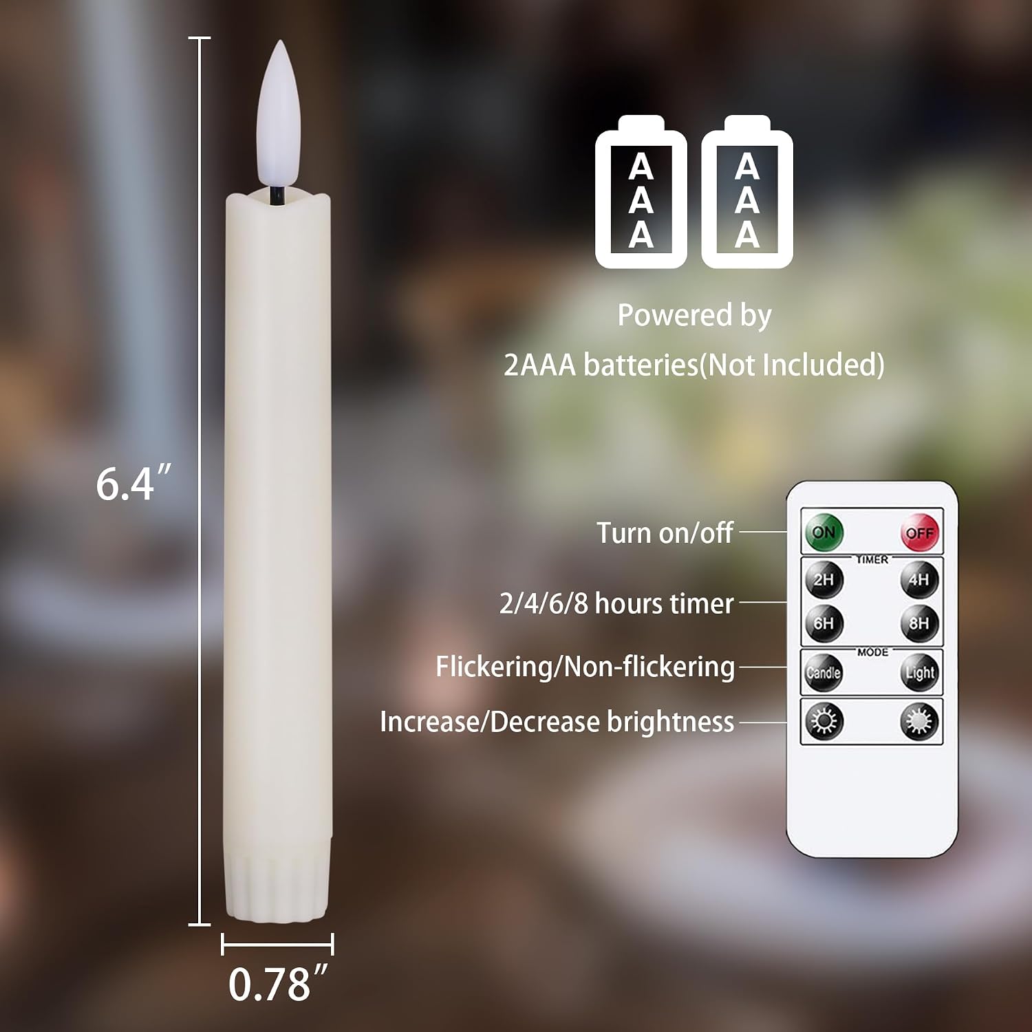 6.4 Inches Plastic LED Taper Candles with Remote and Timer,Ivory Flameless Battery Operated Flickering Candlesticks,Pack of 6 Flameless 0.78” Diameter 3D-Wick Tall Window Candles,Long-Lasting
