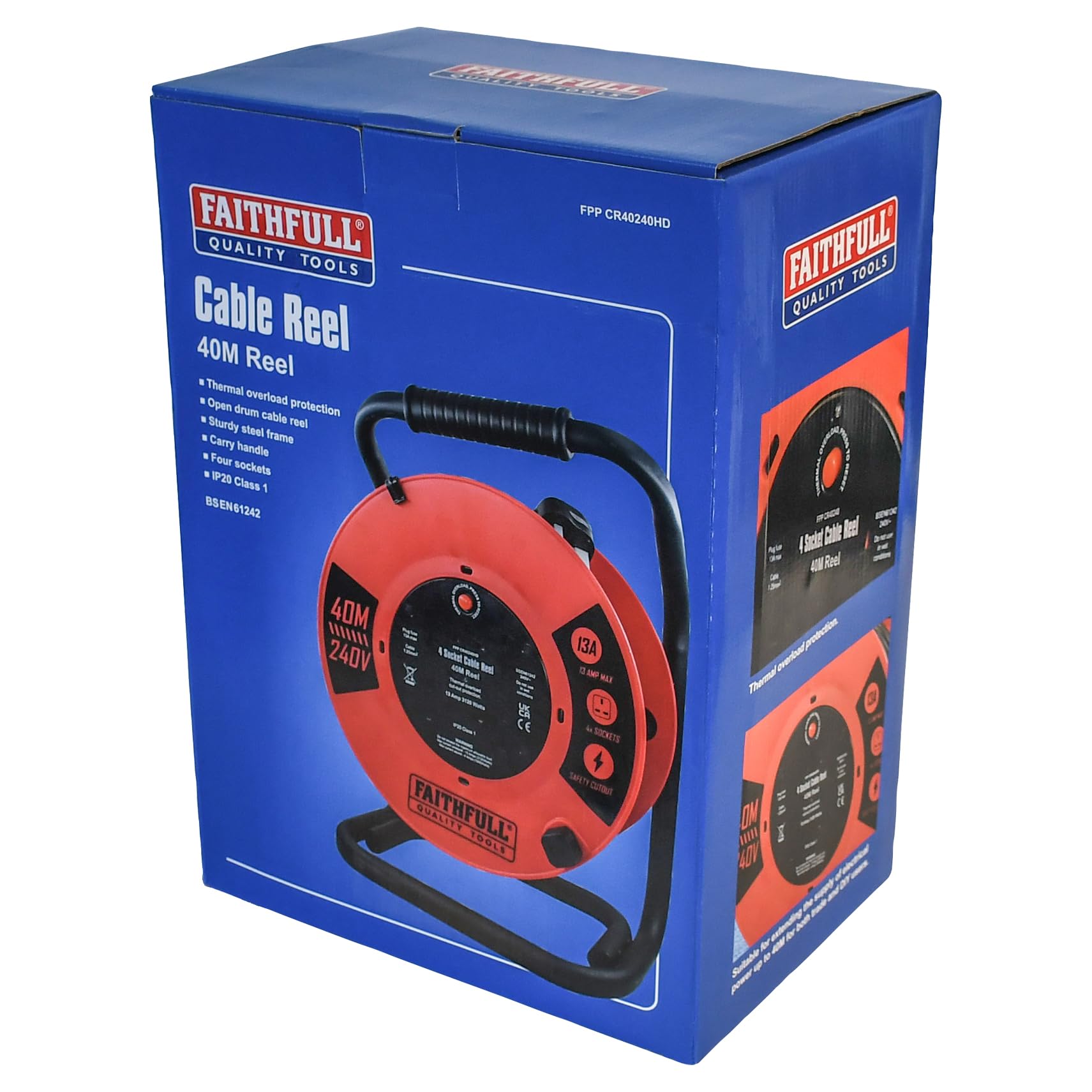 Faithfull Enrouleur de câble ouvert de 40 m, rallonge 4 prises avec poignée d'enroulement – 240 V, 13 A