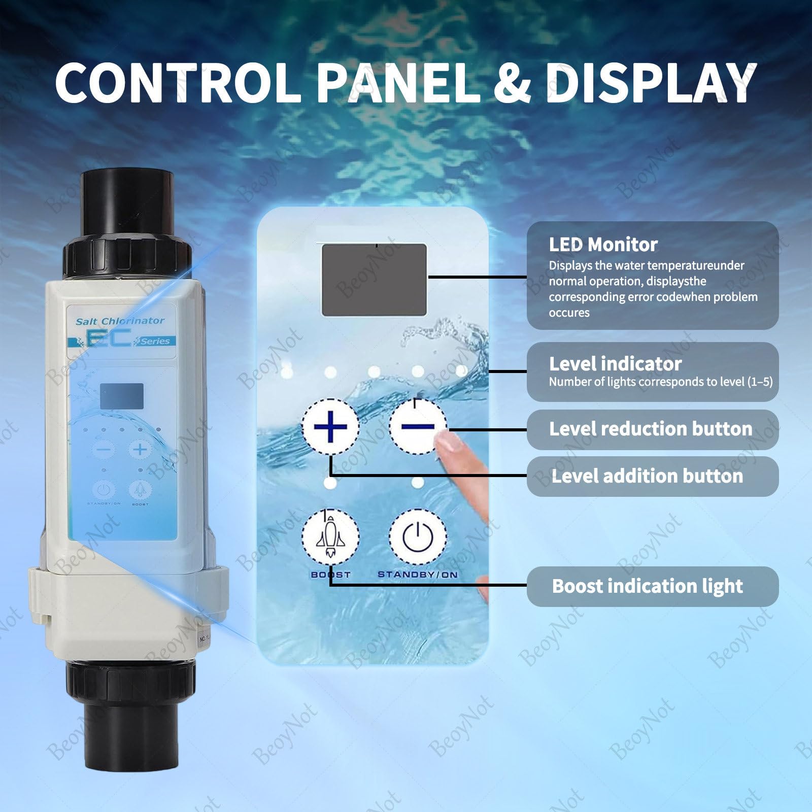Generador de Cloro salino, con celda de Titanio, para Piscinas de hasta 35 m³/50 m³/68 m³/85 m³, Pantalla Digital y función de autolimpieza 8g/H≤35m³