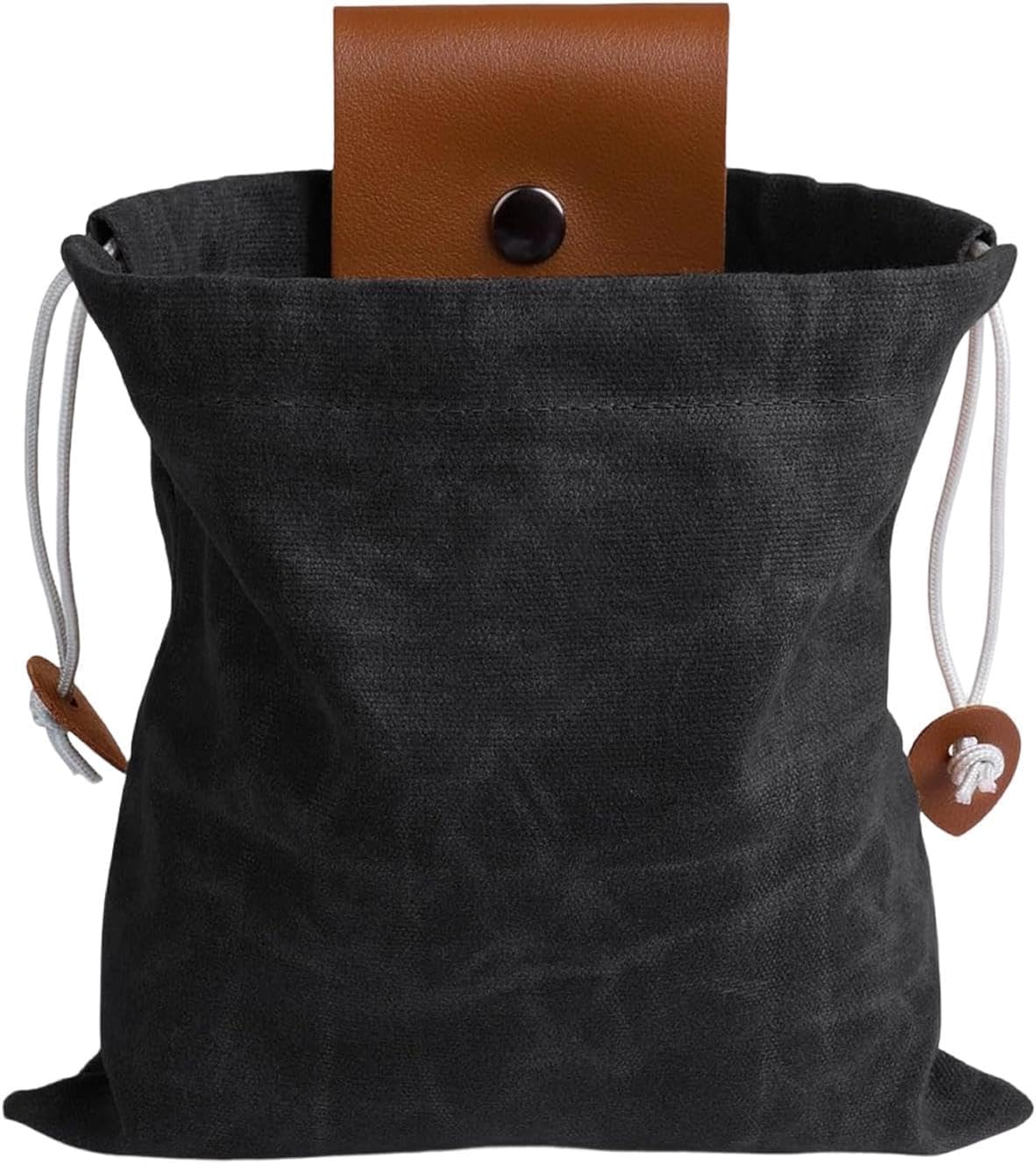 canvas foraging belt bag, waxed canvas garden tool pouch with leather snap flap and drawstring closure, foldable fruit picking bag for hiking and outdoor use (1pcs)