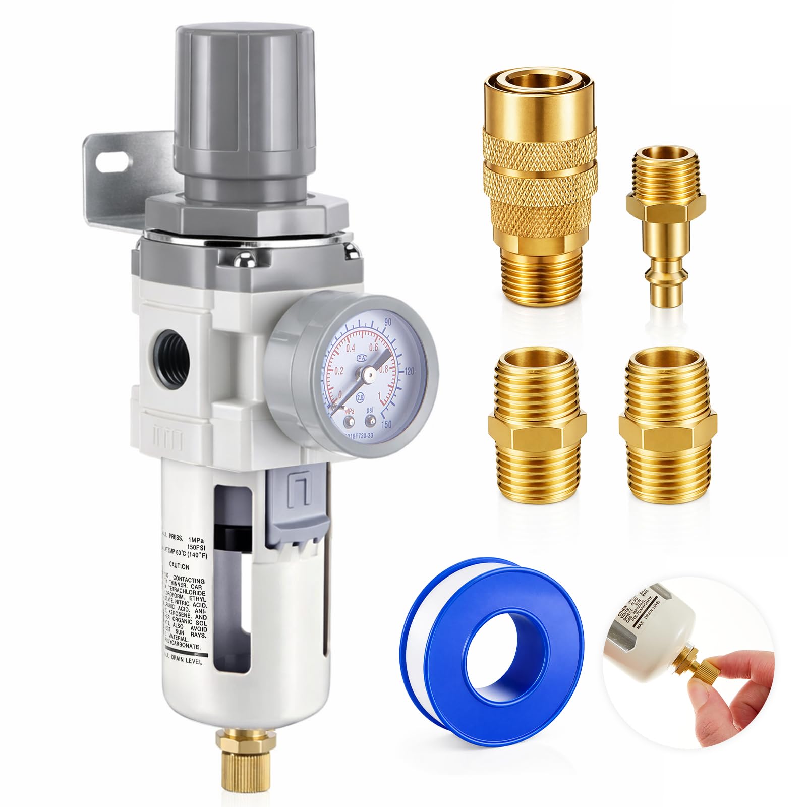 Régulateur filtre à air comprimé 1/2 NPT manomètre jauge 150 psi ensemble Tuanse
