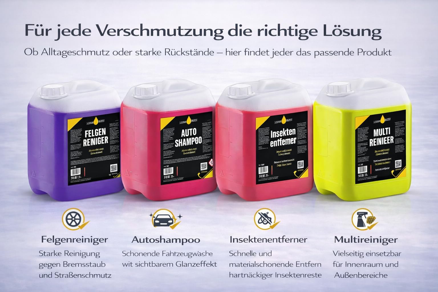 Liquid Outlet Reinigungsset – Autoshampoo, Felgenreiniger, Insektenentferner & Multireiniger je 5L Konzentrat – Für Lack, Felgen, Innenraum & Polster – Auch für Nasssauger & Blowguns