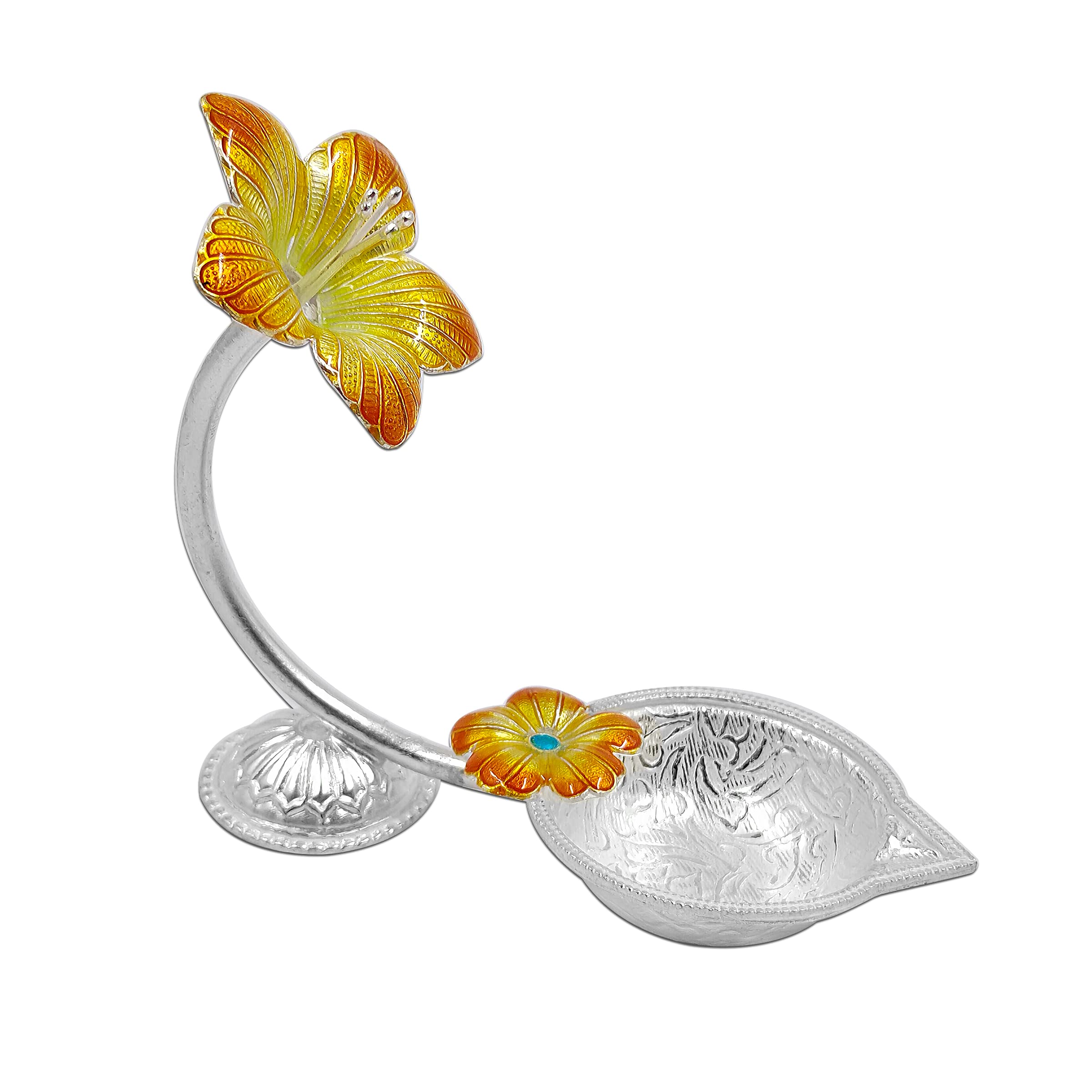 MAA SILVER Pure Silver Diya with Yellow Colour Enamel & Hibiscus Flower Shape Design BIS Hallmarked Perfect for Gift and Pooja Use (92.5 Purity)(35 Grams Silver)