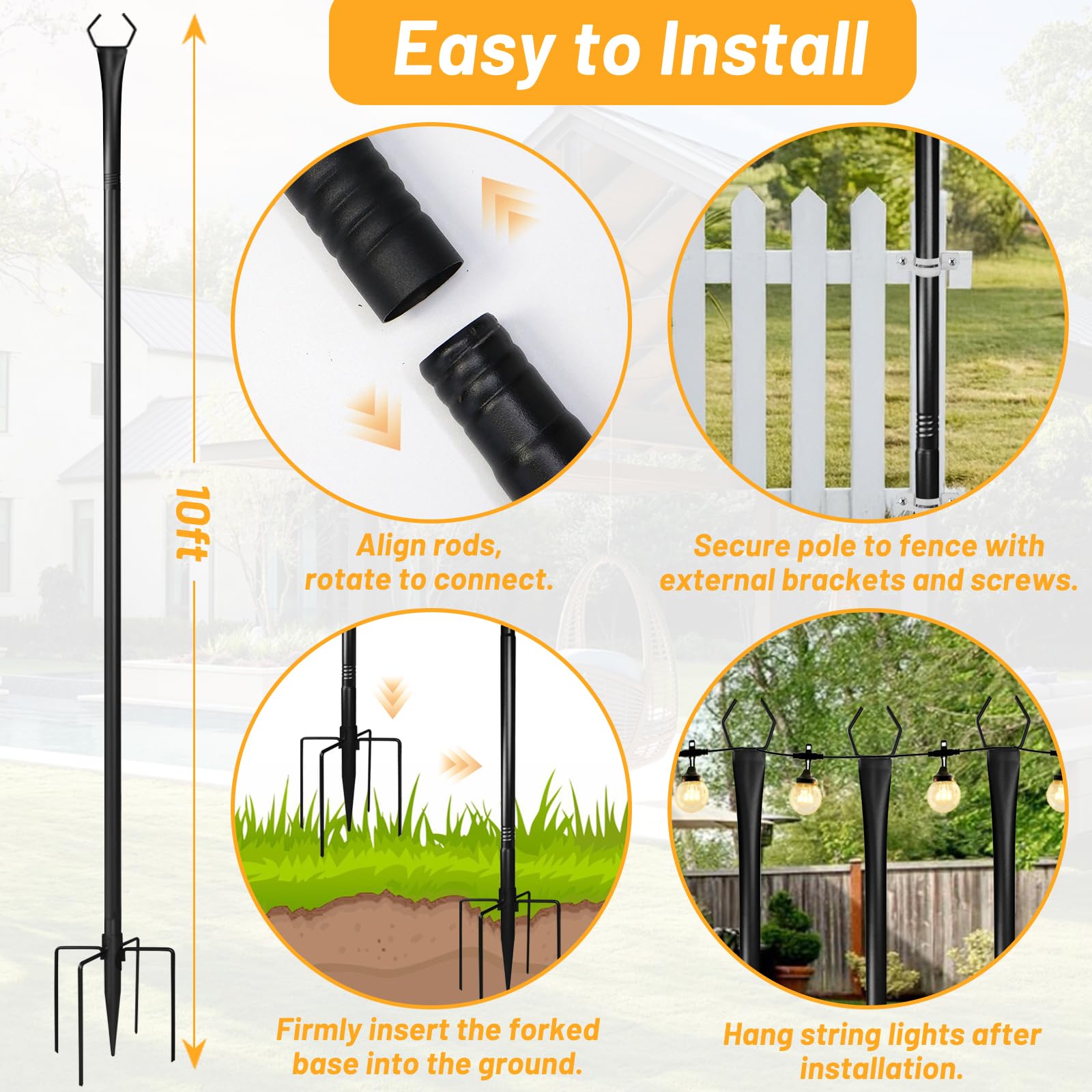 Confezione da 4 pali luminosi regolabili in metallo da 3 m, con forchetta per luci esterne, supporto per luci da esterno per patio, terrazza, cortile, giardino, feste, matrimoni