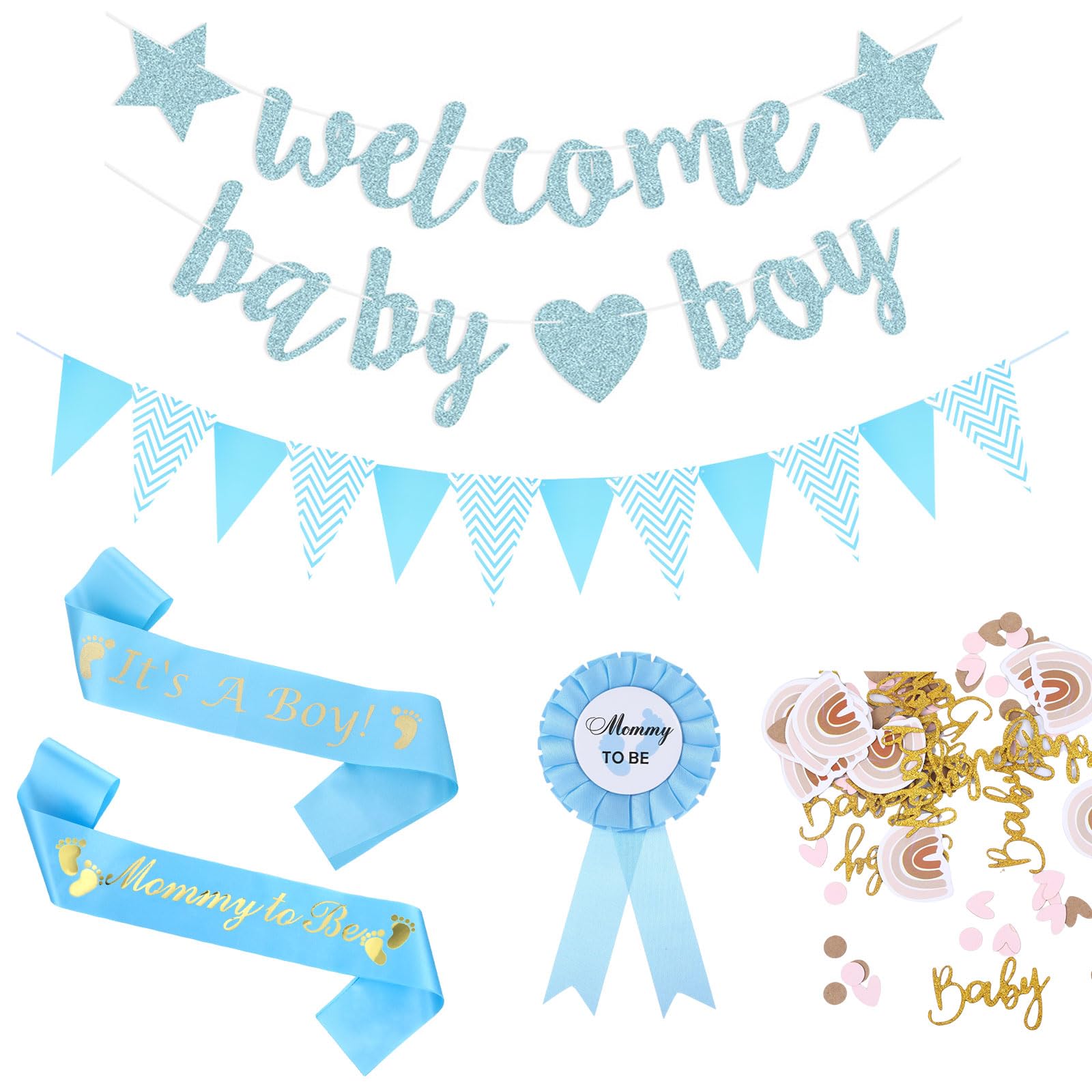 Baby Shower Decorations,Baby Shower Banner,Welcome Home Banner,Baby Boy Decorations, with Mummy To Be Sash, Blue Bunting,Confetti