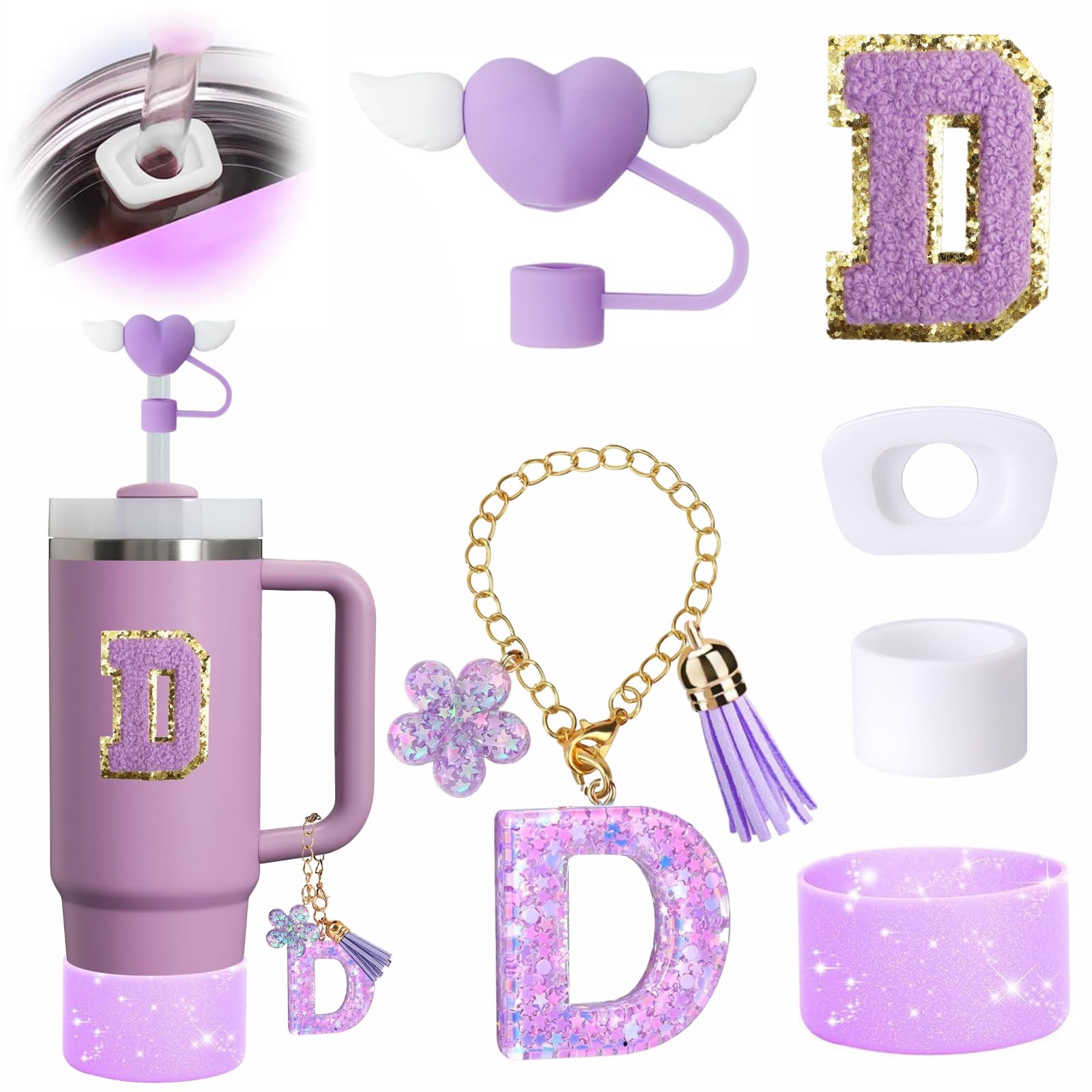 Stanley Cup Accessories Set for 30oz & 40oz Tumbler with Handle, 6PCS Including Silicone Straw Topper Cover Cap, Boot, Spill Proof Stopper, Handle Charm, and Initials Sticker (Letter D)