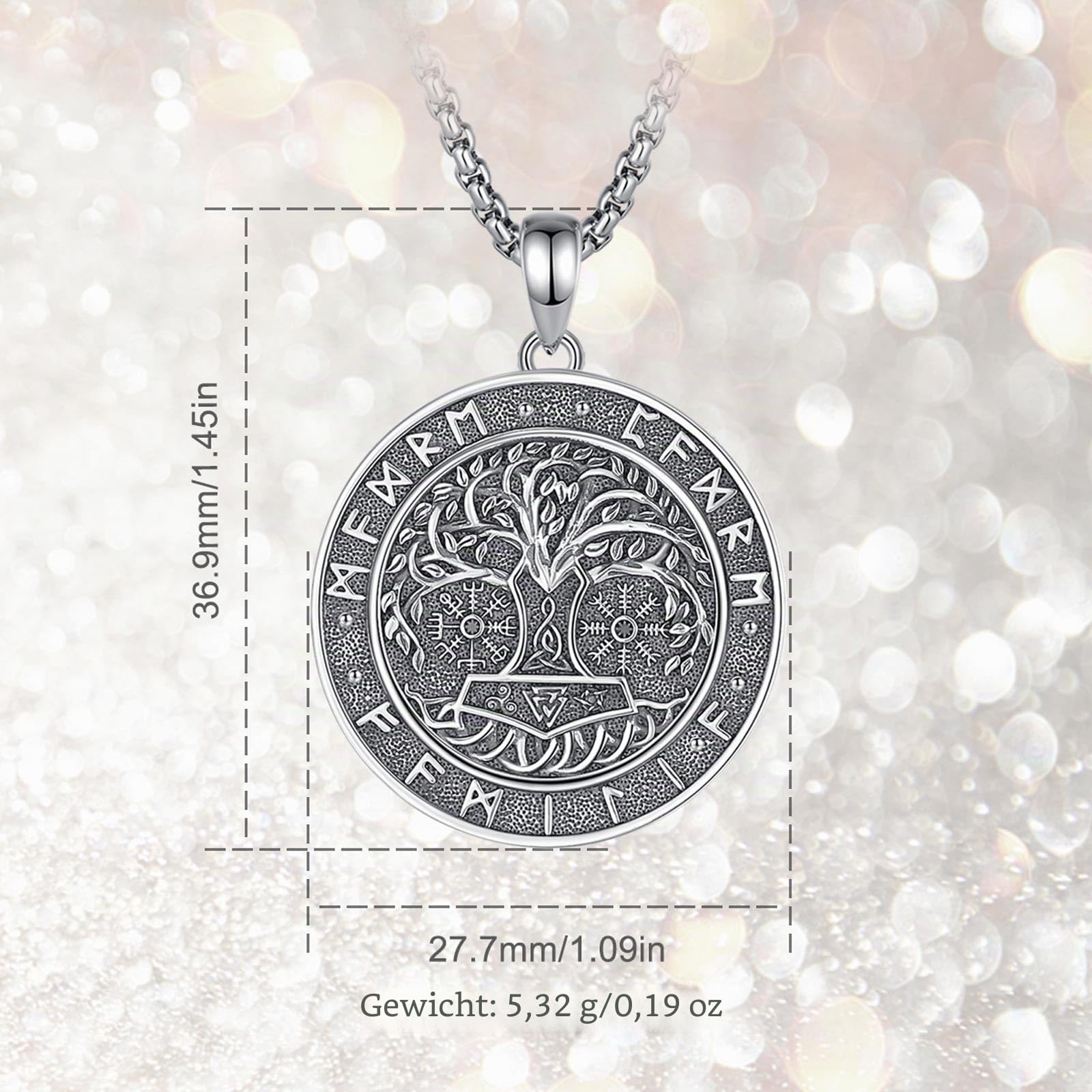 INFUSEU Wikinger Halskette für Männer, 925 Sterling Silber Lebensbaum Yggdrasil Anhänger Wolf Schmuck Valknut Jormungandr Odin Raven Allah Geschenk für Männer