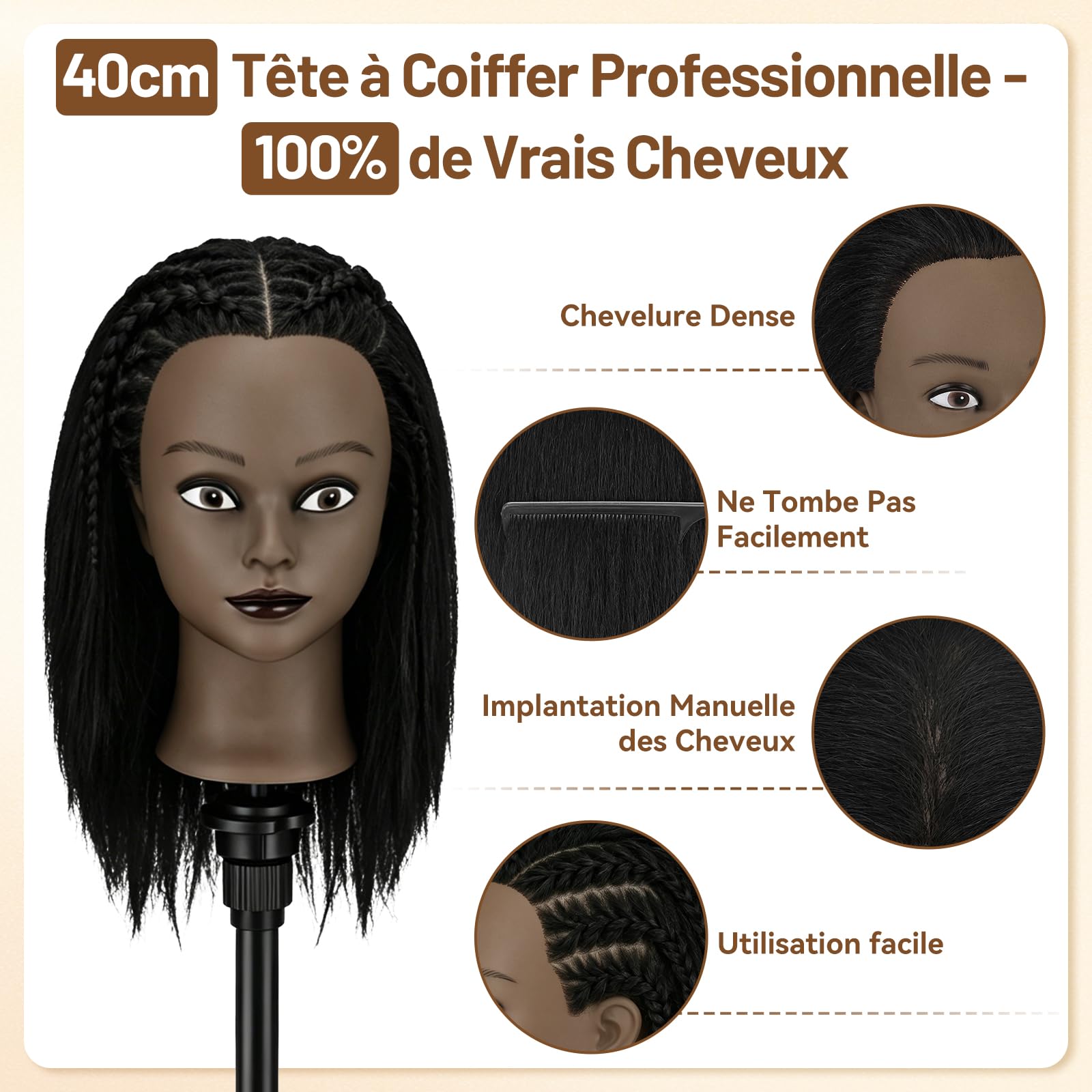 TwoWin 40cm Tête à Coiffer Professionnelle Afro, 16 pouces Tete a Coiffer