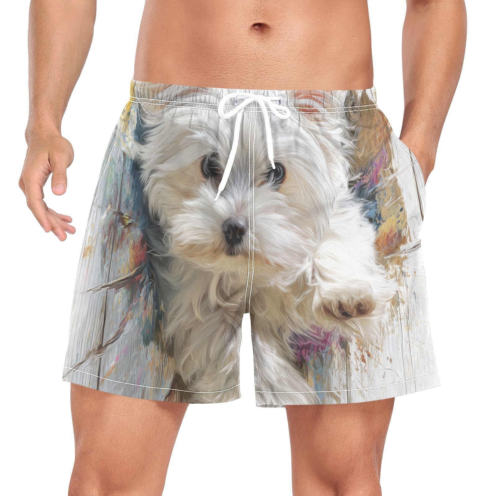 Traje de baño de secado rápido hombre bañador blanco perro maltés 3D 8