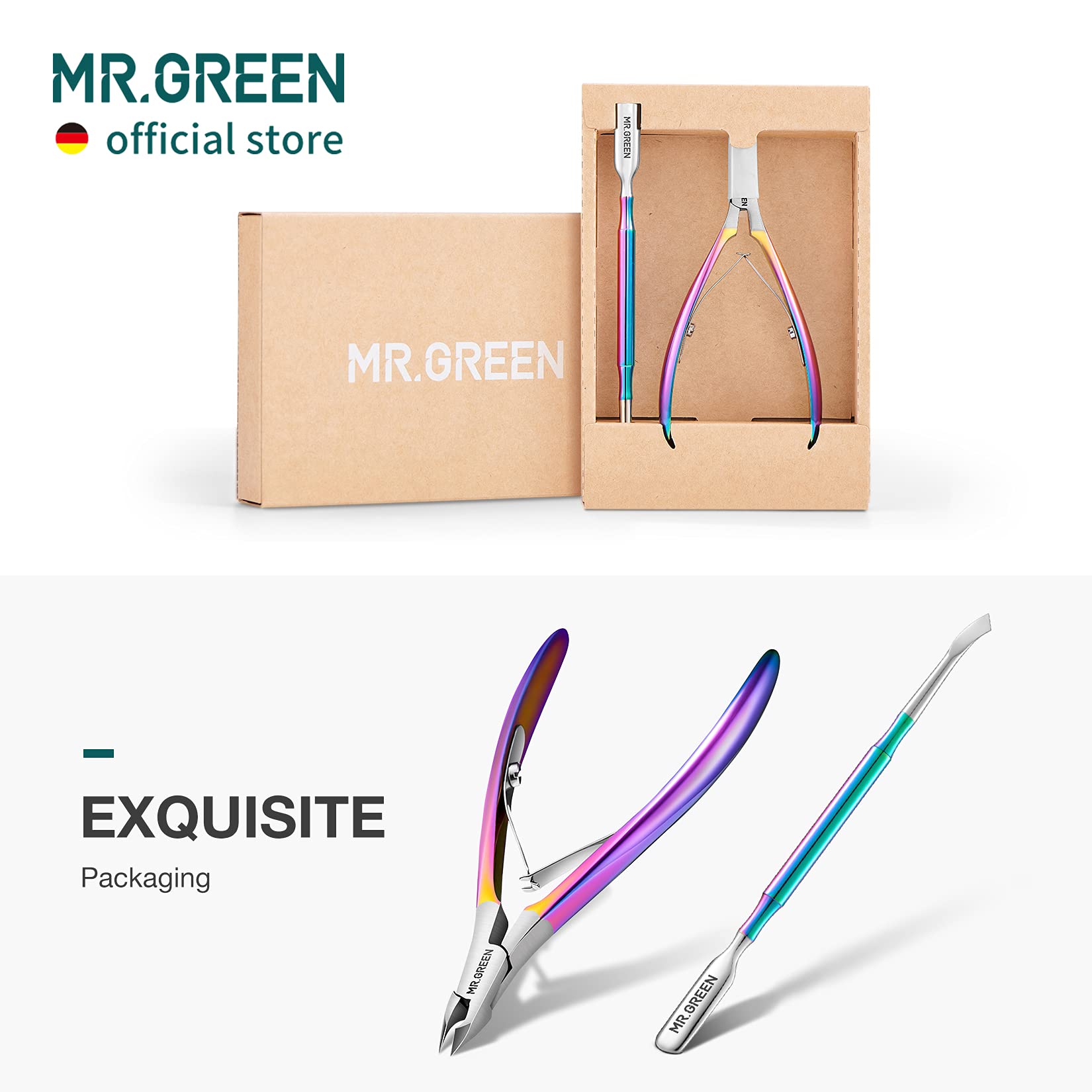 MR.GREEN Profesionales Tijeras para Cutículas y Empujador de Cutículas de Acero Inoxidable Manicura Set para Salón y Hogar(Color Titanio+Empujador)