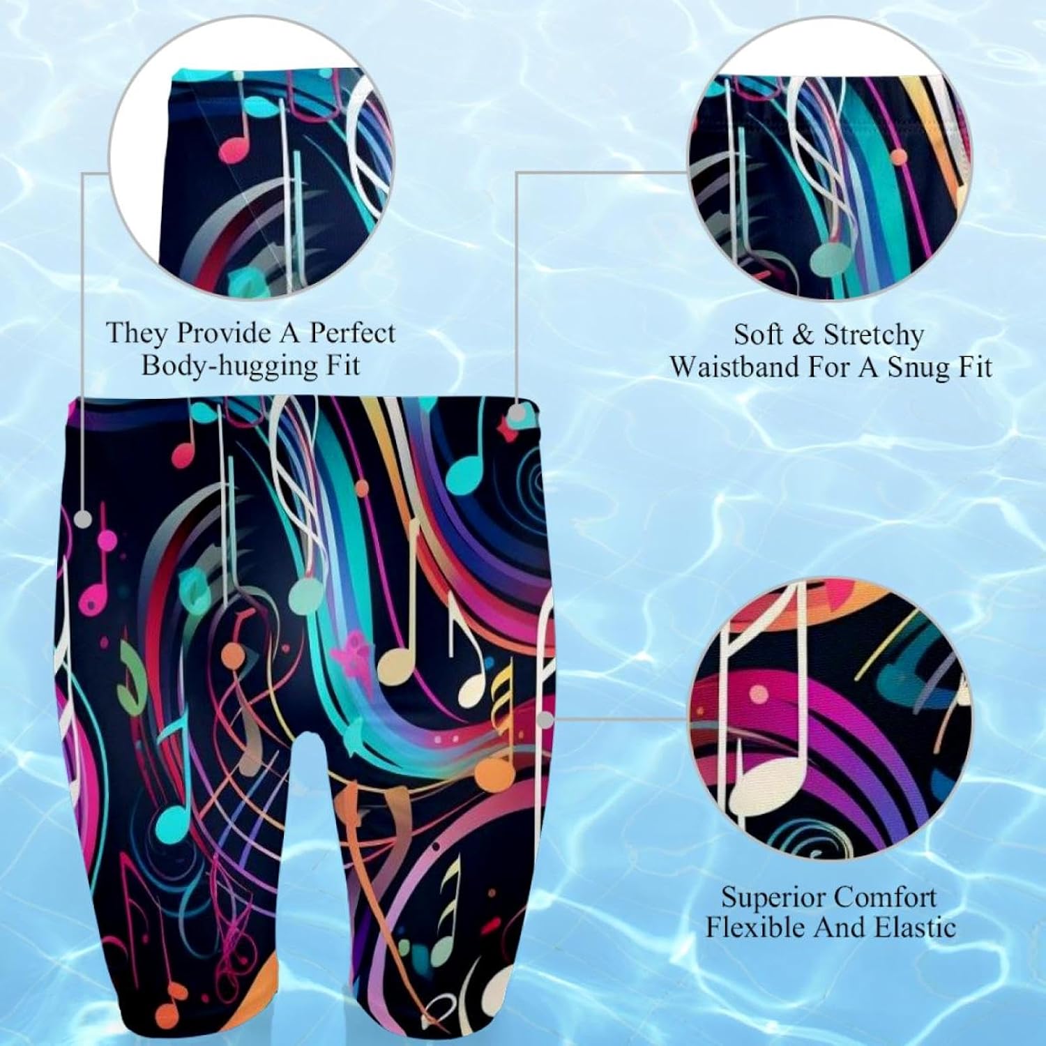 Colorful Music Notes Boys' Swim Jammers Youth Competitive Swim Team Suit Quick Dry Athletic Swimming Shorts