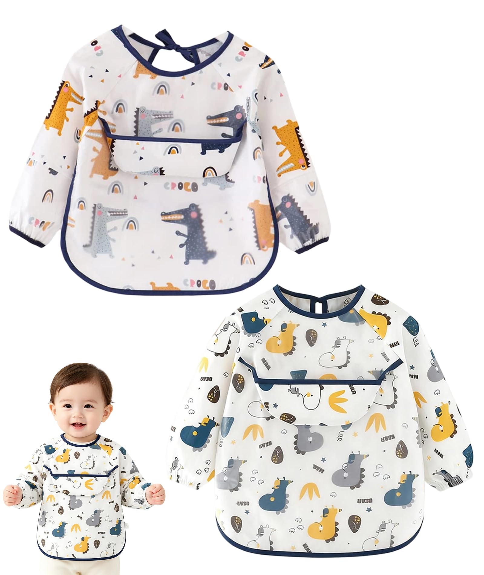 2Packs Baby Bibs with Long Sleeves, Waterproof Weaning Bib with Large Pocket Unisex Machine Washable Adjustable Feeding Apron for Infant Toddler Painting 6 Months to 3 Years Old (Crocodile & Dinosaur)-picture-34