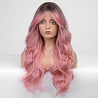 Vista 64 de HAIRCUBE Peluca de color marrón a rubio con flequillo para mujer, peluca de cabello largo ondulado marrón y rubio, pelucas sintéticas rizadas