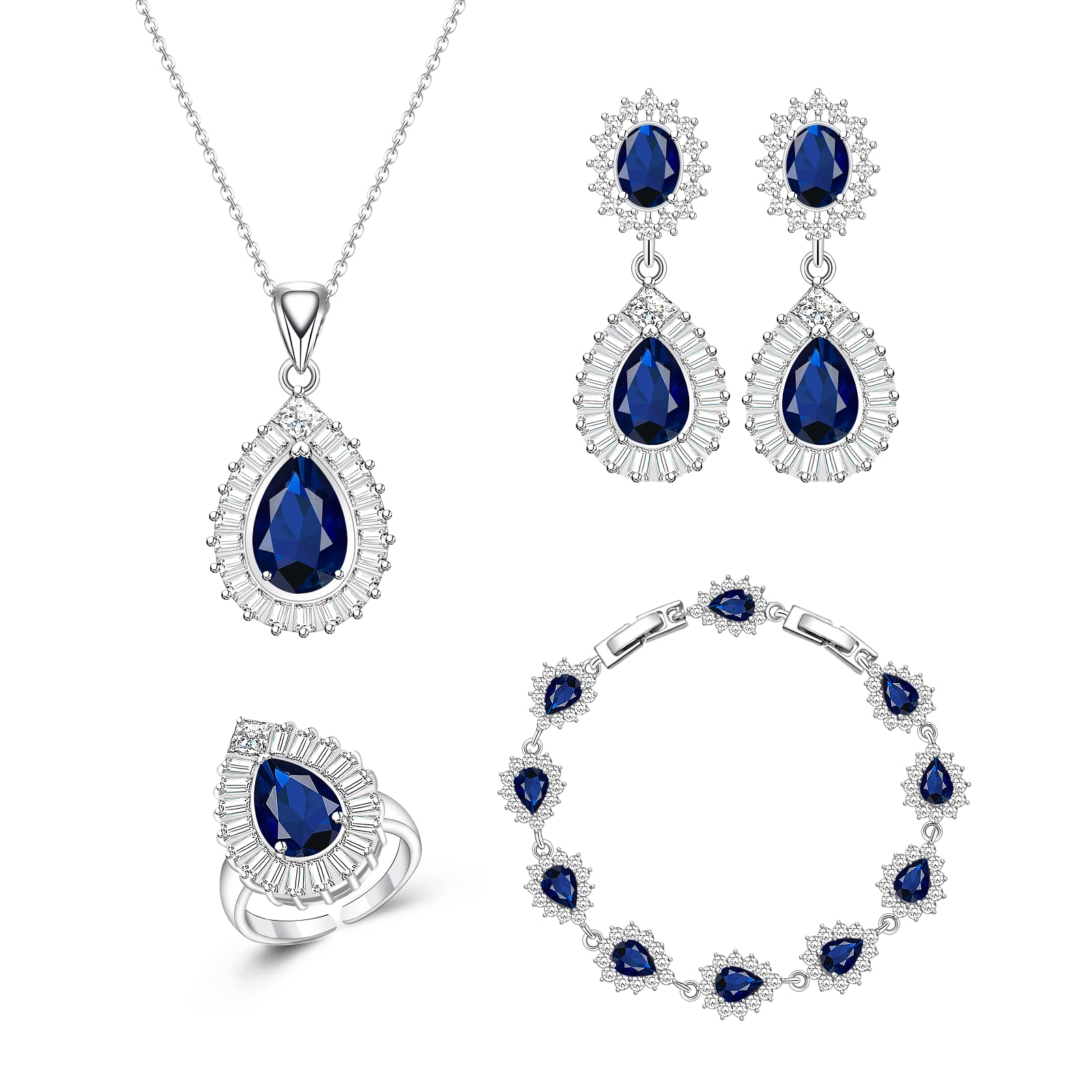 GZWHD Sparkling Jewelry Set for Women, Teardrop Earrings Necklace Bracelet Open Ring Set, Wedding Jewelry for Bride and Bridesmaids, Brass, Cubic Zirconia