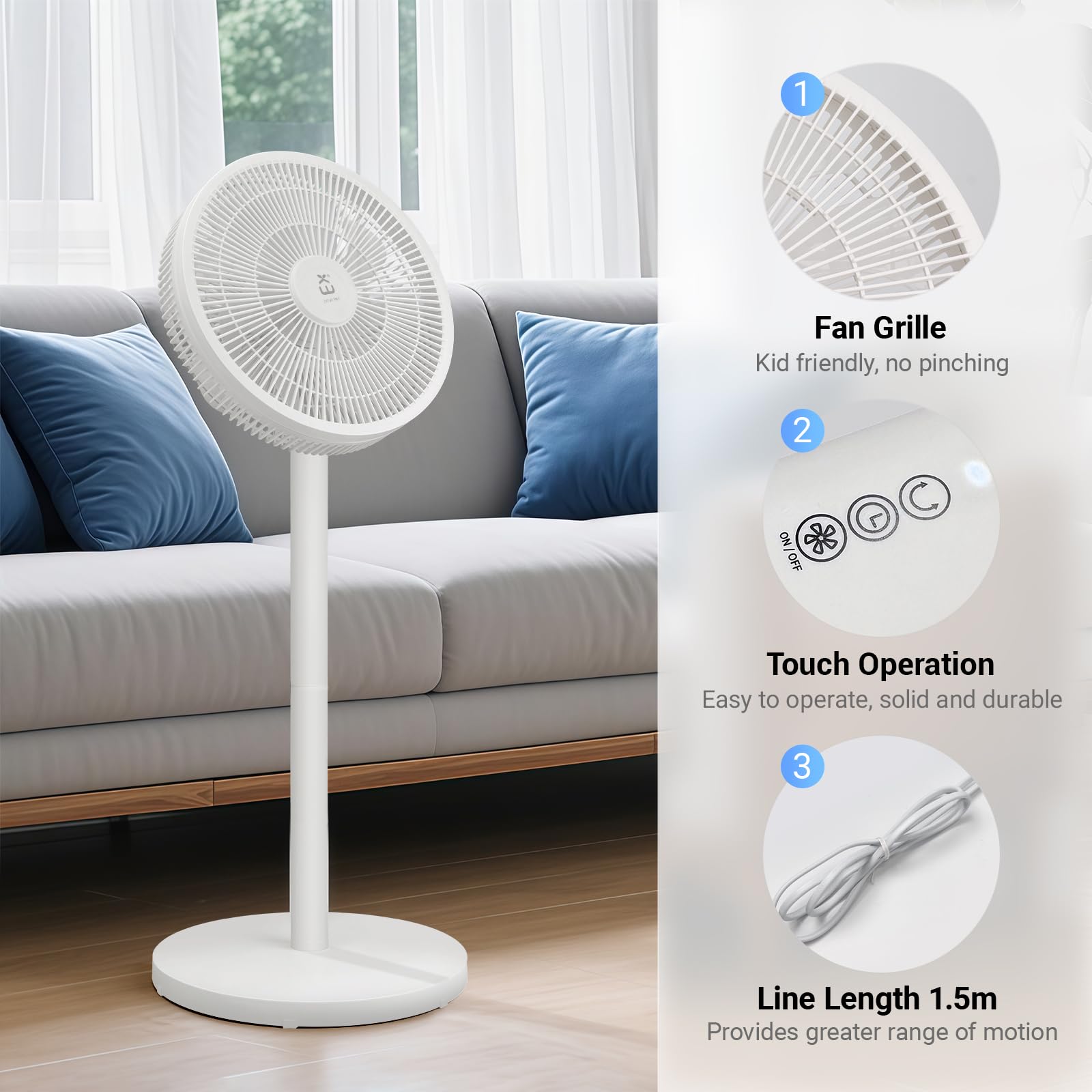 Ventiladores de pie con varilla extraíble, 3 niveles de velocidad, oscilación de 90° + inclinación de 35°, mando a distancia incluido, modo de ahorro de energía de 50W para dormitorio, oficina, salón