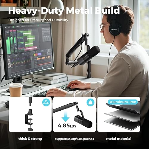 Miniatura 5 de NearStream Soporte de micrófono con adaptadores de 14", 38" y 58", brazo de micrófono ajustable con gestión de cables, elevador de 4.5", soporte de