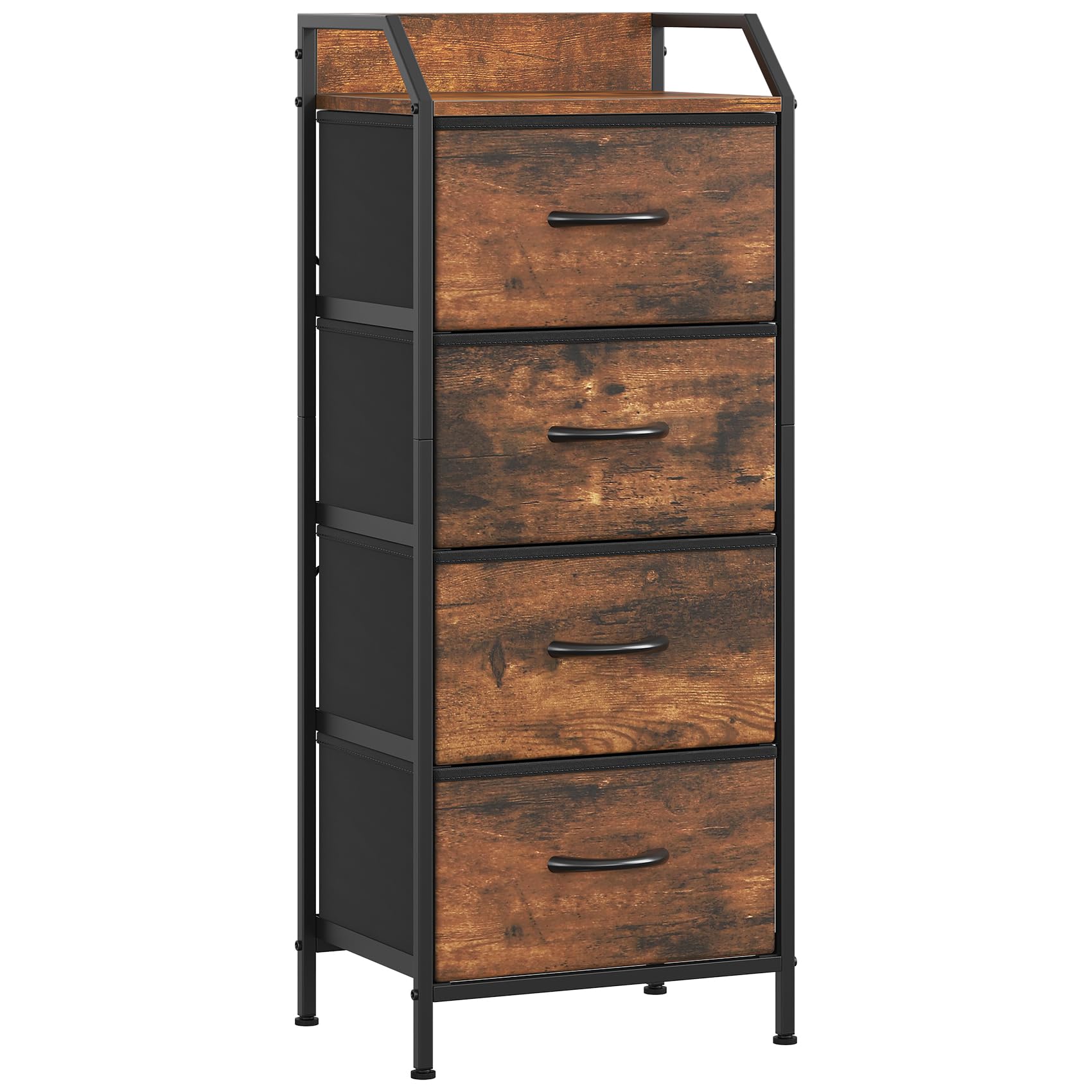 Feonase 4-Drawer Chest of Drawers with Metal Frame & Top Back Panel – Modern Fabric Storage Cabinet for Bedroom, Living Room, Small Spaces (43x30x97cm, Rustic Brown) — image 1