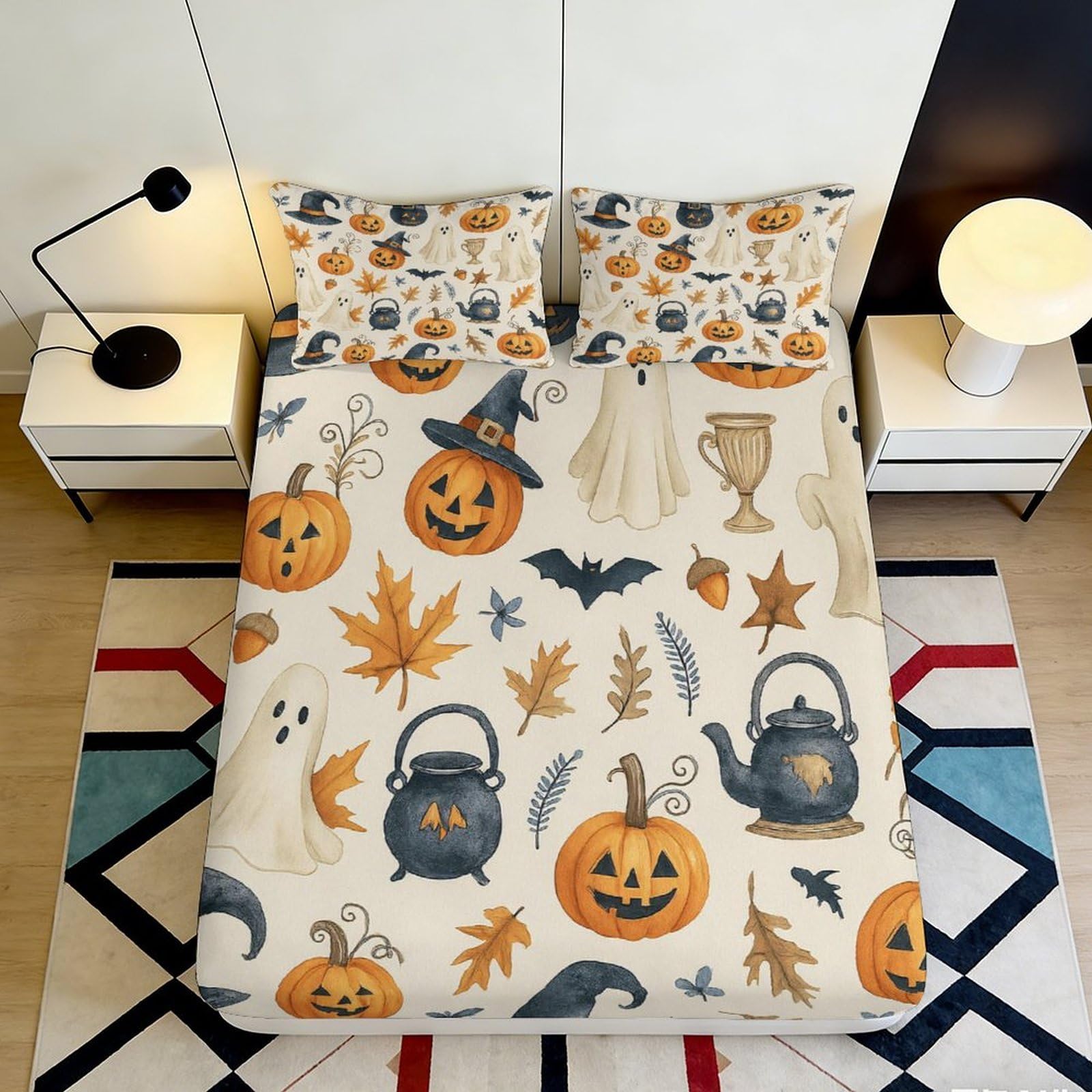 Pnayamiorkfel Style-5 3D Printed Halloween Pumpkin Fitted Sheet Microfiber Soft Autumn Ghost Bed Cover For Bedroom Dorm Mattress Decor 90X200x25cm