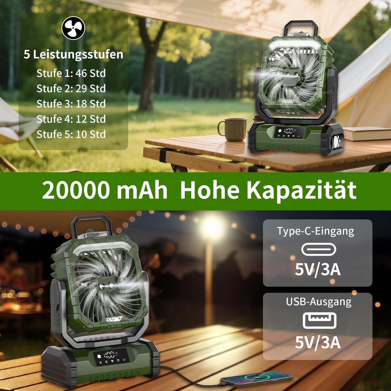 Ventilator Camping mit Sprühnebel, Akku Ventilator 20000mAh mit LED Licht, Haken, 270° Drehung, Tragbarer V-entilator für Outdoor-Enthusiasten beim Camping und Grillen - Grün
