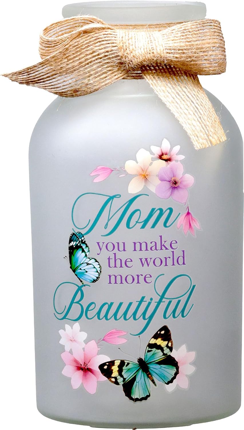 Spoontiques Mom Beautiful Battery Powered Glass Lantern - Decorative 7.75” LED with Warm Light, Flameless & Cordless, Indoor & Outdoor Tabletop or Hanging Lantern, 2 AA Batteries Required
