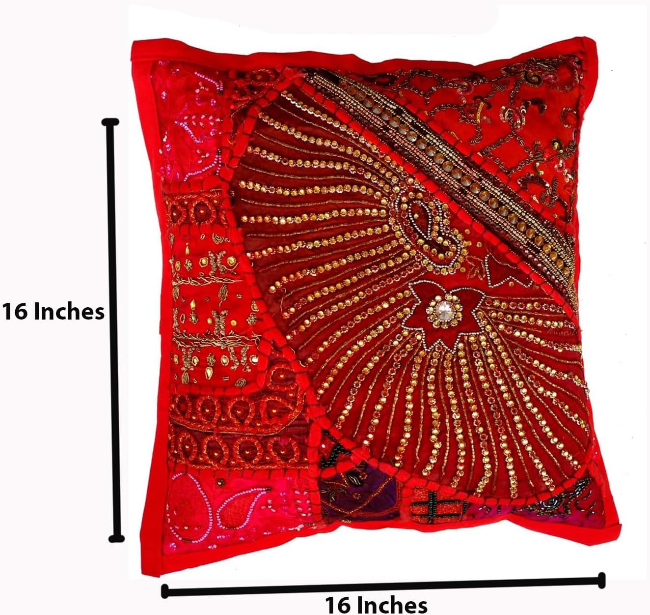 Rastogi Handicrafts Decorative Throw Pillow Cases, Embroidered Cotton Cushion Cover Patchwork Pillow,Indian Traditional Handmade Cushion Cover (RED)