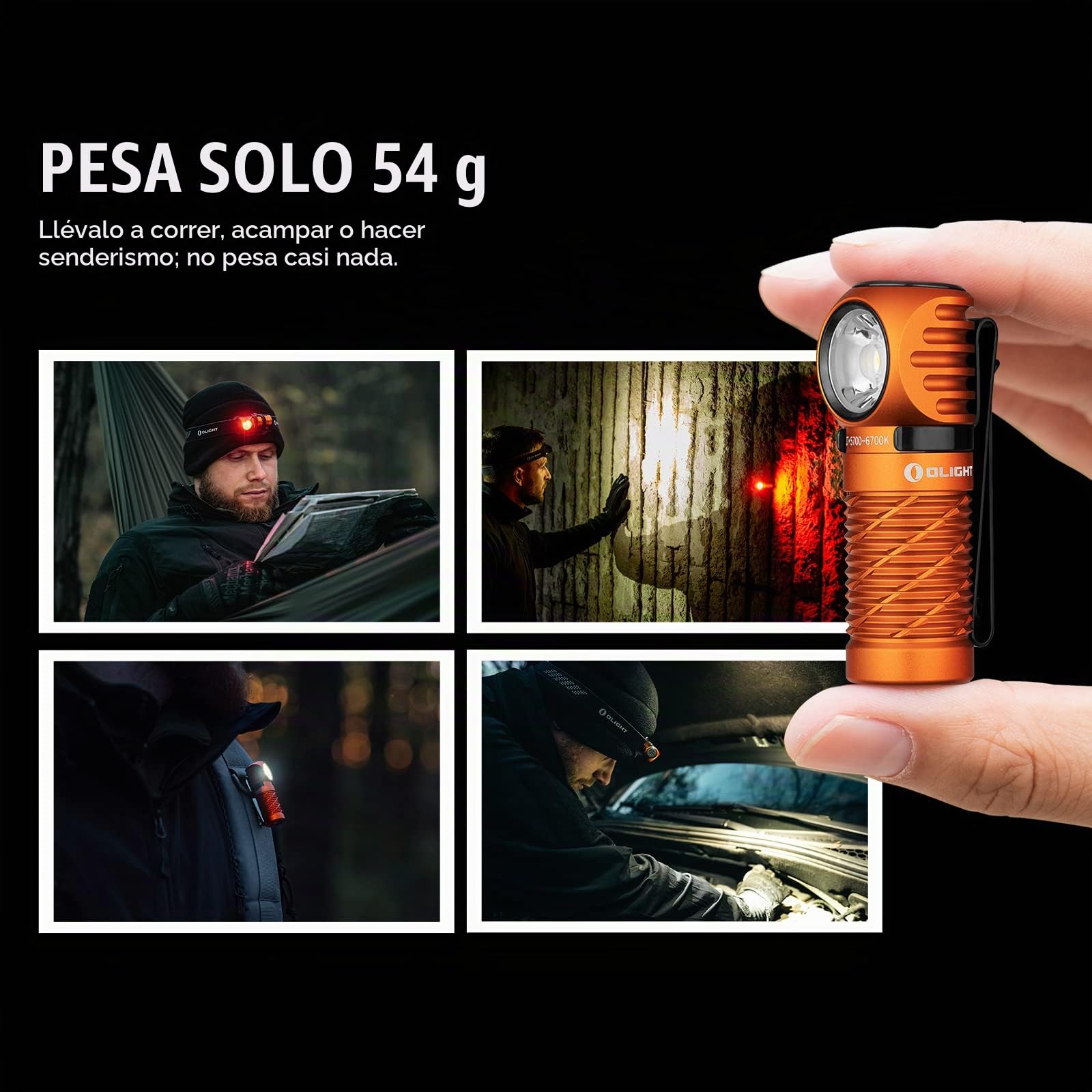 OLIGHT Perun 2 Mini Linterna Frontal USB Recargable 1100 Lumens 10 Días Máx | Cabeza Frontal LED Alta Potencia Luz Blanco y Rojo Regulable, 150 Metros, Impermeable IPX8, Carpfishing, Camping, Naranja