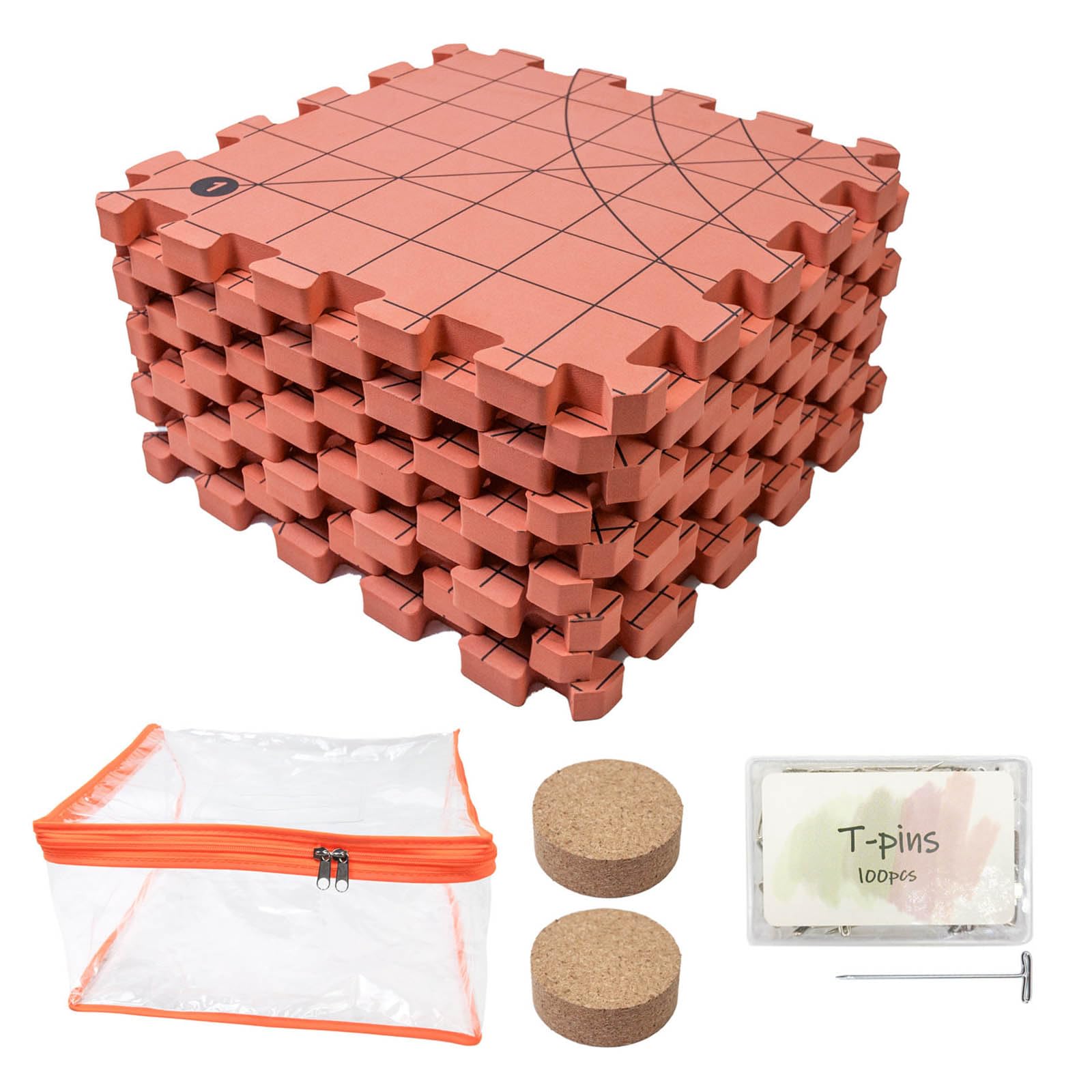 Pryntopha - Alfombrilla de bloqueo de punto desmontable de 32 x 32 cm, incluye 100 pines en T de 38 mm para tejer hilo de manualidades, proyecto de espuma de costura