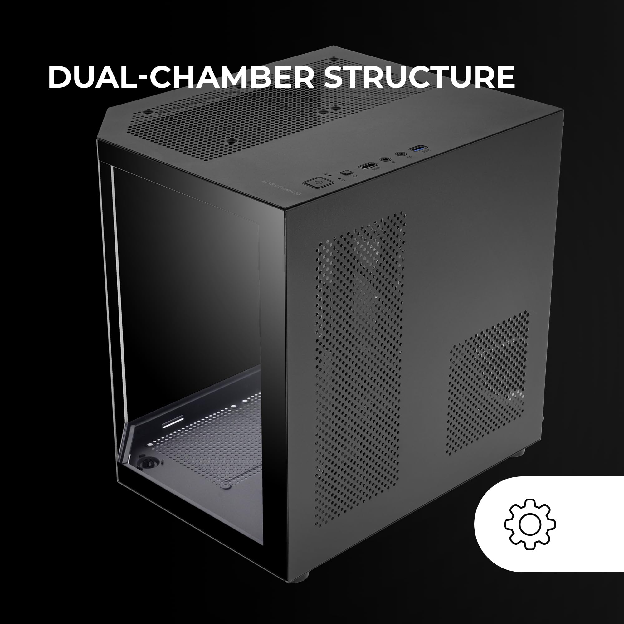Mars Gaming MC-3TLITE, Boîtier Gaming MicroATX, Triple Verre Trempé Continu, Ventilateur Arrière FRGB 120mm, Structure à Double Chambre, Mini Tour PC Compacte avec Grande Capacité Interne, Noir