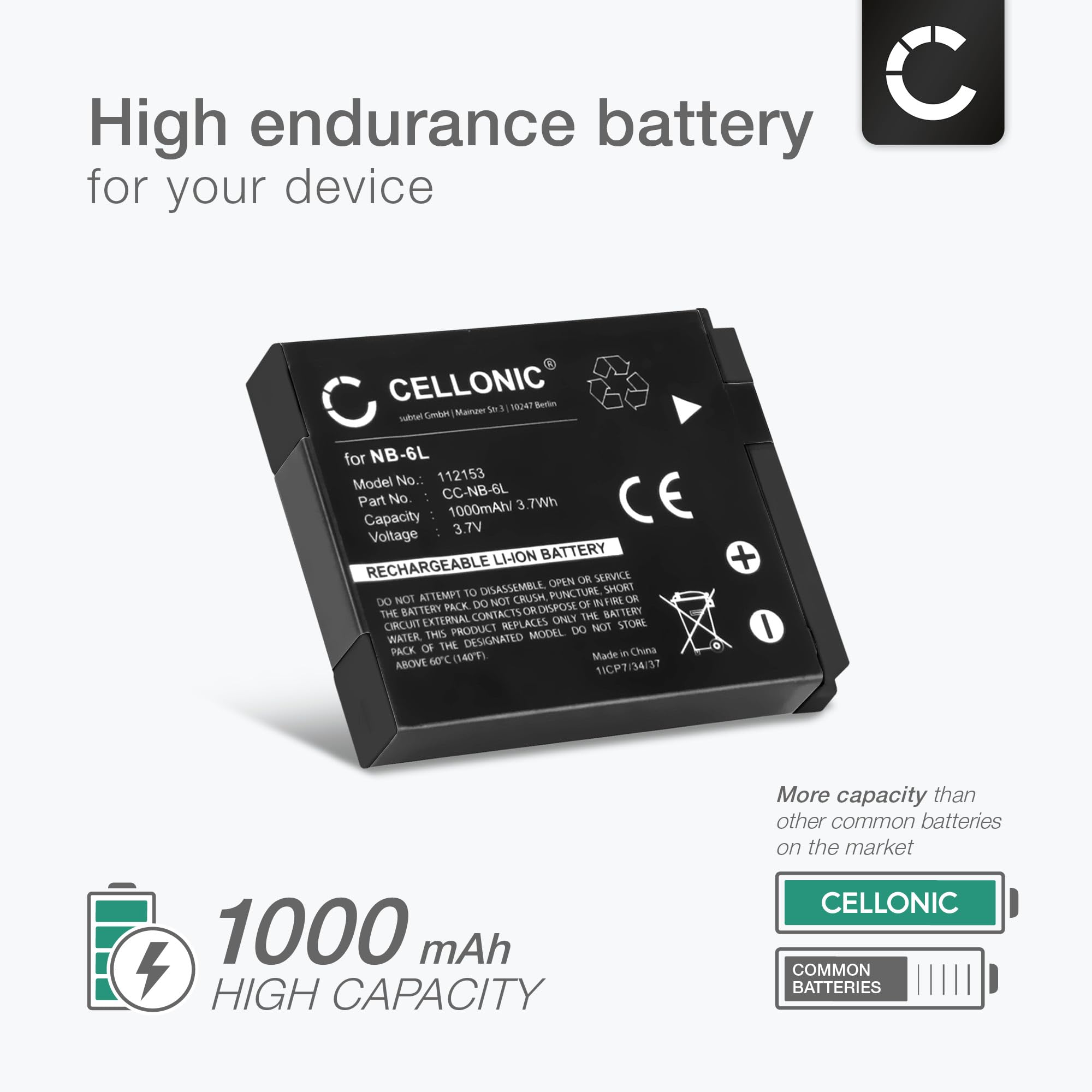 CELLONIC® akumulator kompatybilny z Canon PowerShot SX530 SX500 is SX510 HS SX520 HS SX540 HS SX260 HS SX170 is SX610 HS SX710 HS S120 S95 PowerShot D30 IXUS 105, NB-6L NB-6L LH 100 Zapasowa bateria 0 mAh.