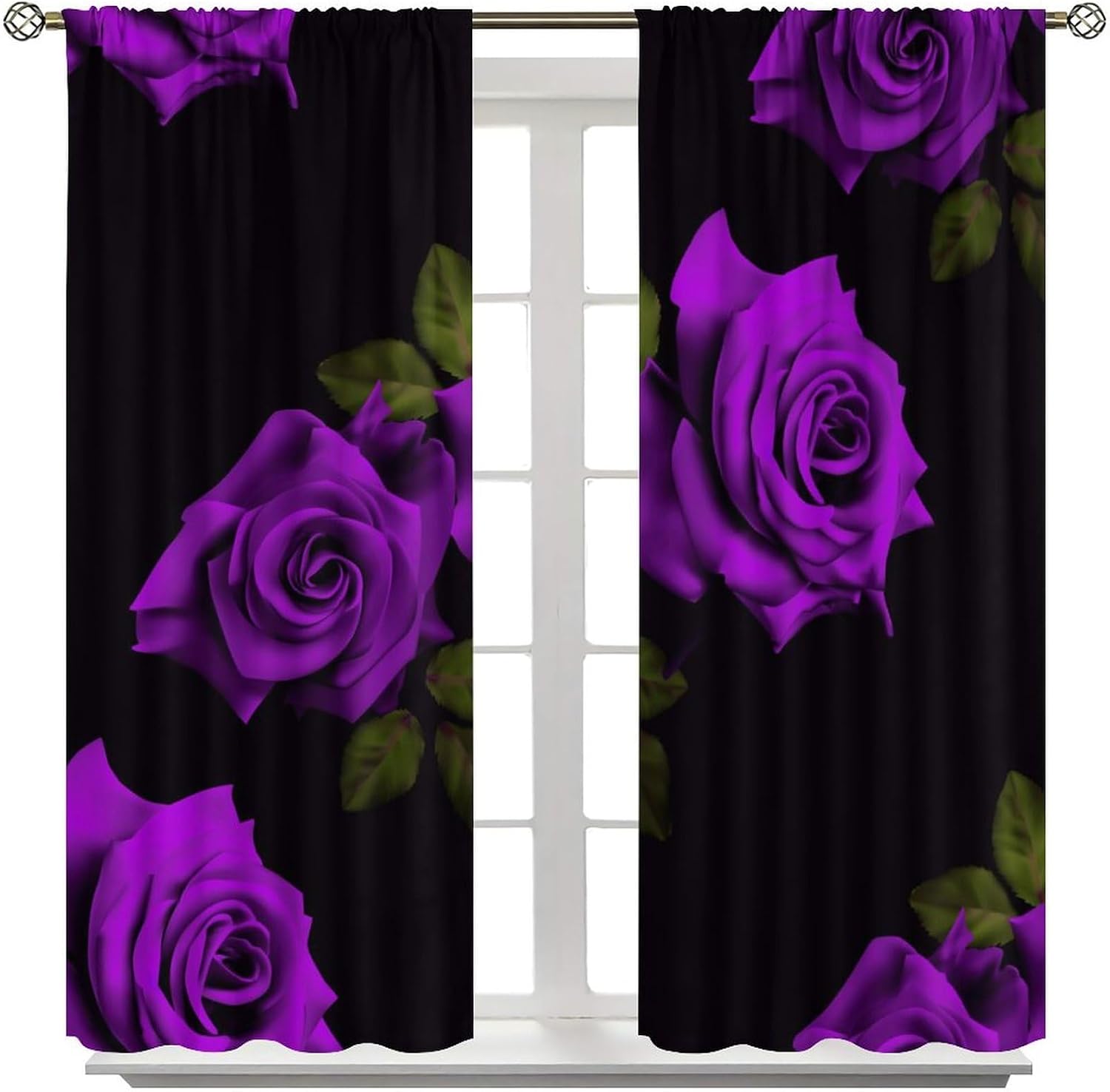 Black and Purple Curtains Rose Floral Flower Room Darkening Curtain with Rod Pocket for Bedroom Kitchen Home Decor Thermal Insulated Drapes Window Treatments 2 Panels Set 42x45 Inch
