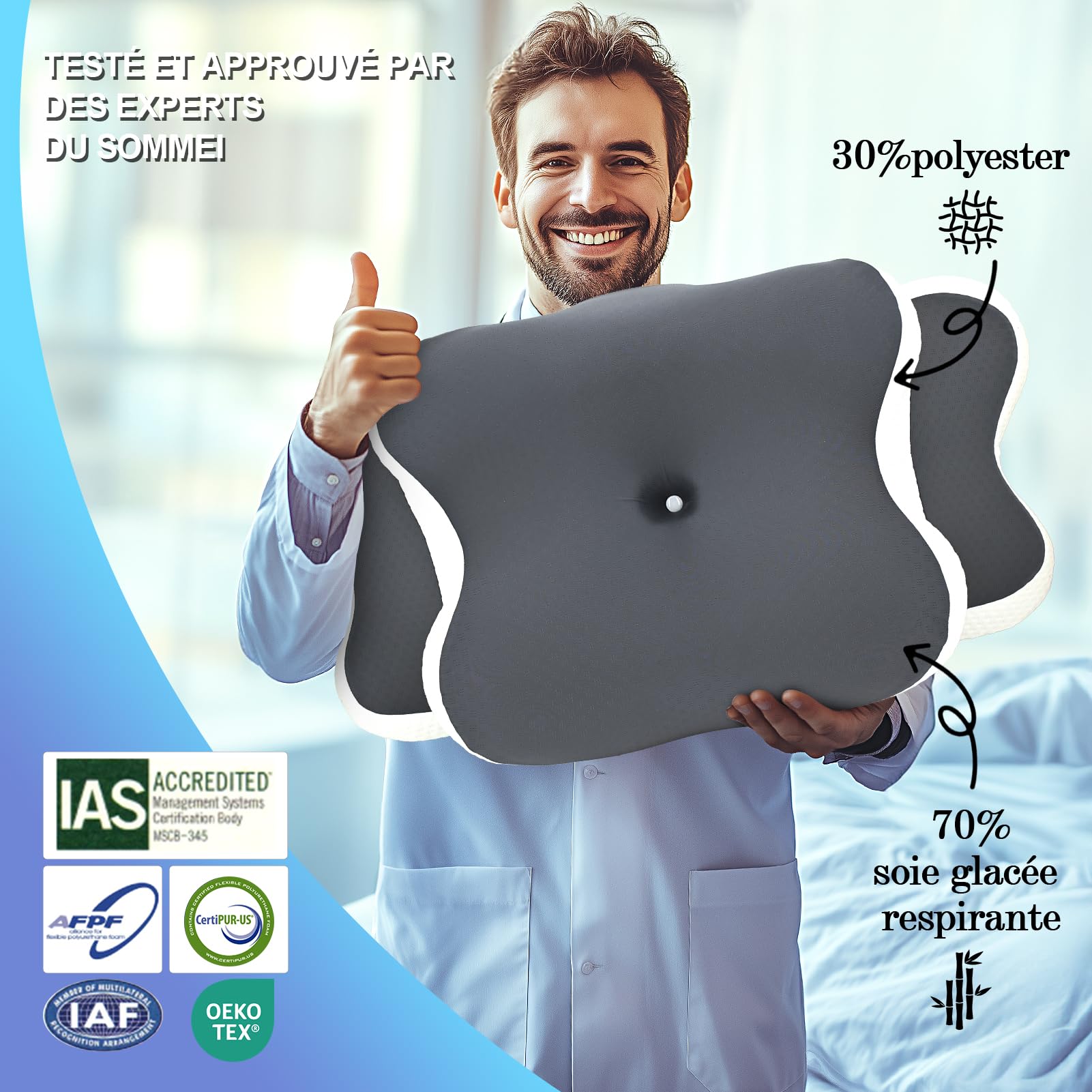 Oreiller Ergonomique Cervical, Coussin Orthopédique à Mémoire de Forme pour Soutien de la Nuque, Soulagement des Douleurs, Respirant, Idéal pour Dormir sur Le Côté, Dos et Ventre