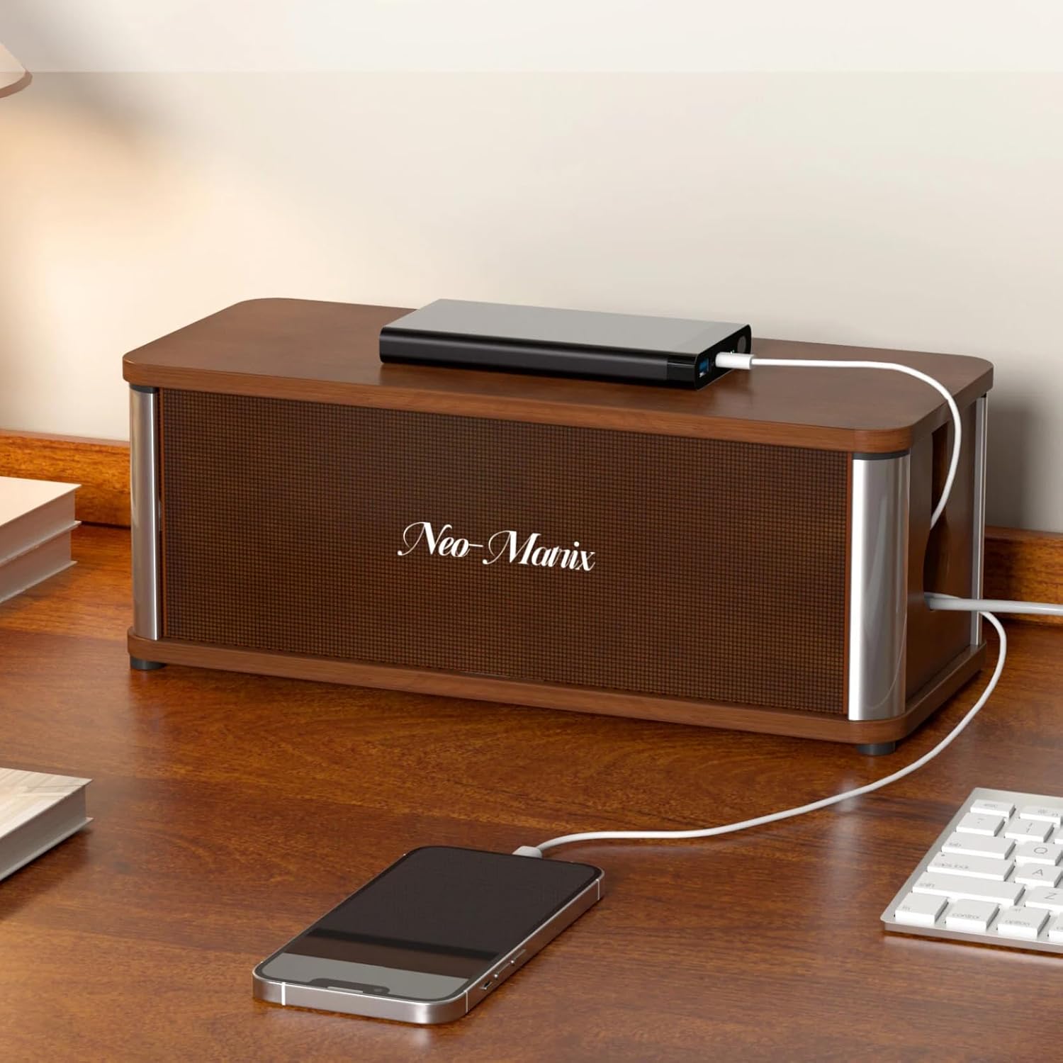 Delamu Wooden Cable Management Box, Retro-Inspired Look Desk Cord Organizer Box for Home Office, Large Cord Hider Box Hides Cords and Power Strips, Floor Cord Covers, 14.3" x 6.0" x 5.5", Dark Brown