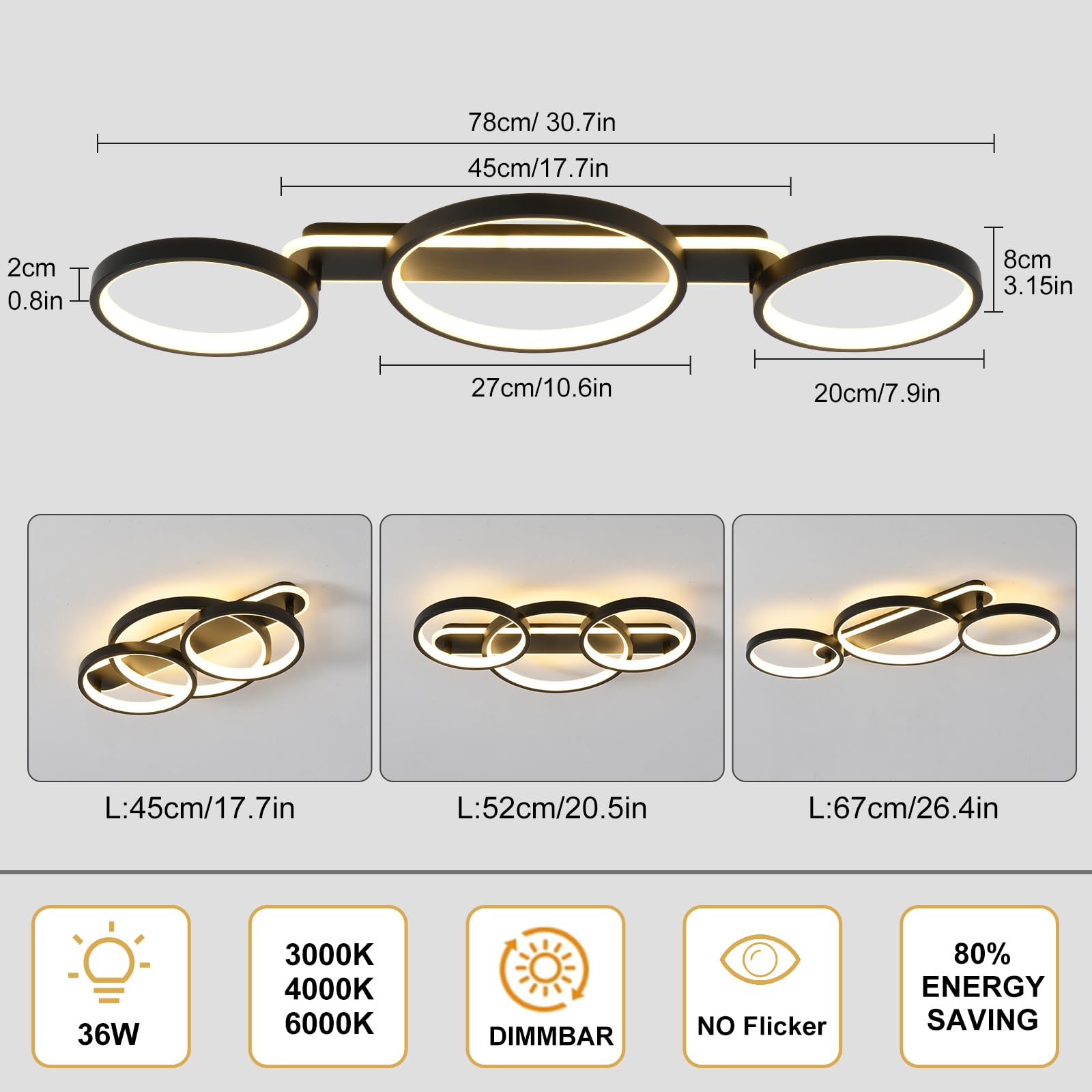 MYCUL Plafoniere led a soffitto moderni,Lampadari soffitto dimmerabile con telecomando,Lampada da soggiorno e camera da letto da 3000K-6000K,Plafoniera da soffitto per cucina sala da pranzo Nero