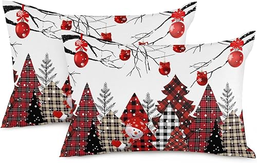 Juego de 2 fundas de almohada decorativas rectangulares, diseño de muñeco de nieve, rojo y negro, a cuadros, árbol de Navidad, ramas de Navidad, 12