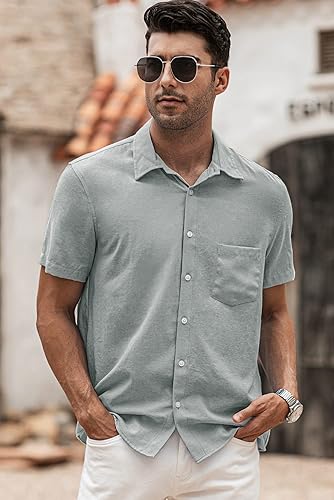 Miniatura 86 de JMIERR Camisas de vestir a rayas con botones y manga corta para hombre