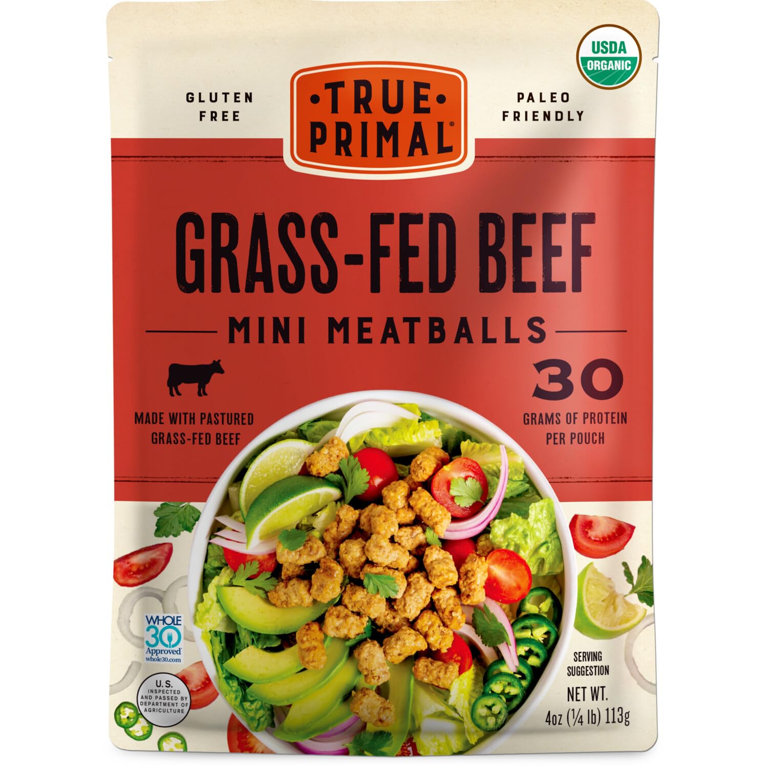 True Primal Grass-fed Beef Mini Meatballs 8-pack. Ready to eat. 1/4 lb fully cooked beef per pouch. Gluten free. Grain free. Paleo. Keto. Carnivore. Organic. Whole30. AIP.