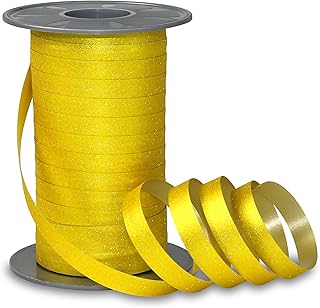 PRÄSENT POLY GLITTER ribbon amarillo, 100 m de cinta embalar para regalos, 10 mm de ancho, elegante rafia colores amarillo, decorativa para eventos especiales, con efecto brillo